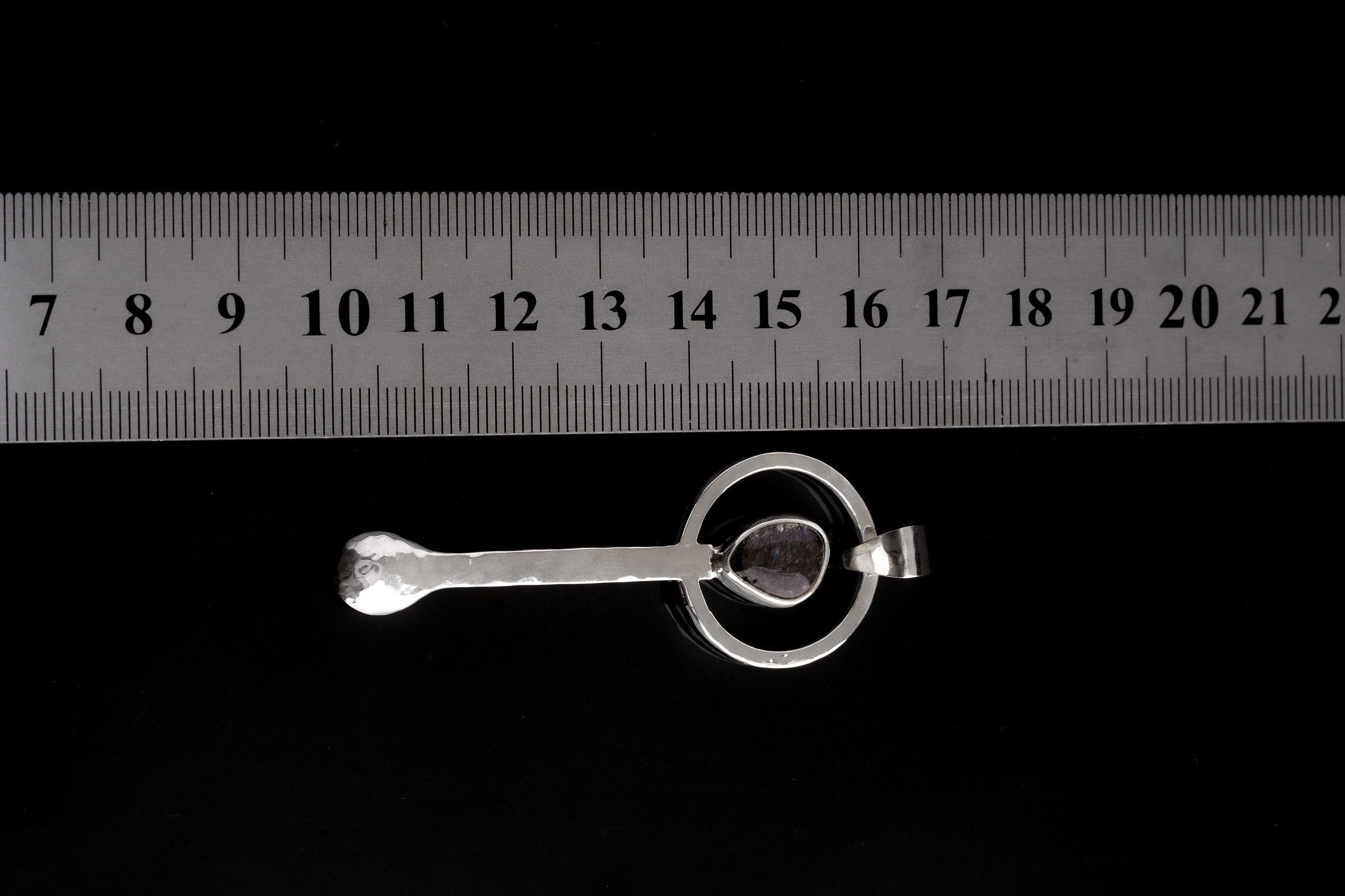 Small Spice / Ceremonial Spoon - Black Rutile Quartz Cabochon - Solid 925 Cast Silver - Unique Hammer Textured - Crystal Pendant Necklace -