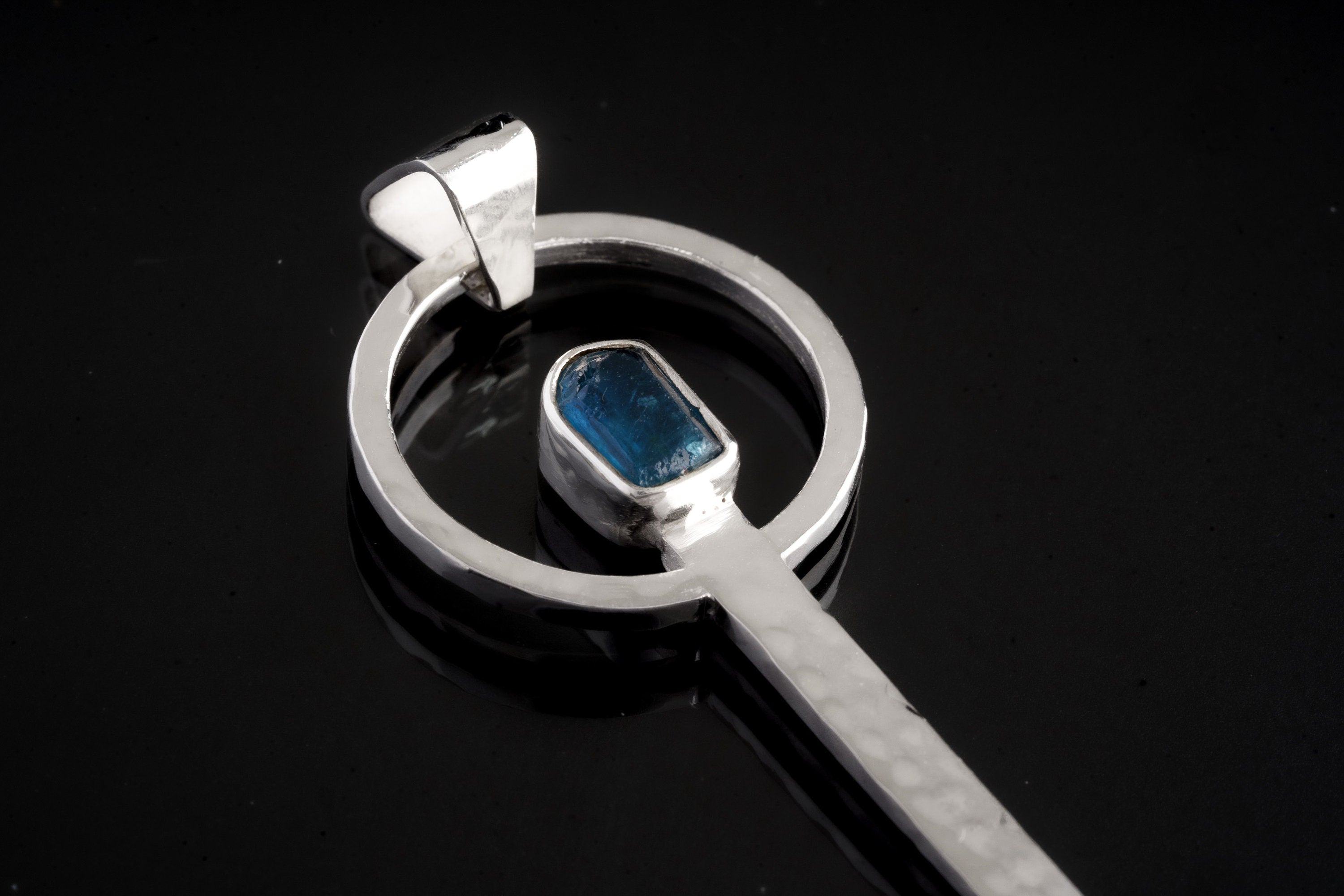 Blue Apatite Spoon Pendant: Hammered Sterling Silver Necklace