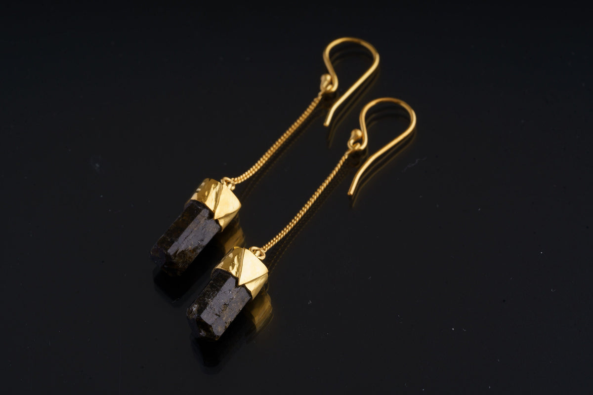 Himalayan Dravite Tourmaline Dangle Earrings: Gold-Plated Sterling Silver