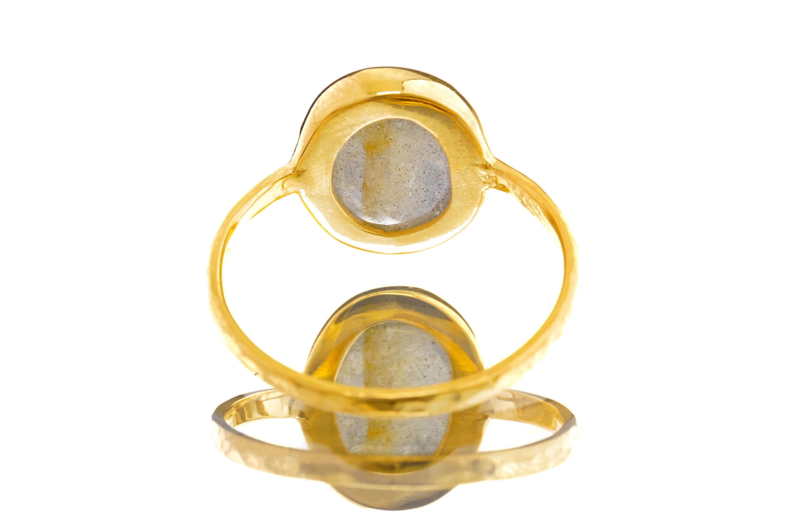 High Grade Labradorite - Stack Crystal Ring - Size 6 1/2 US - Gold Plated 925 Sterling Silver - Thin Band Hammer Textured