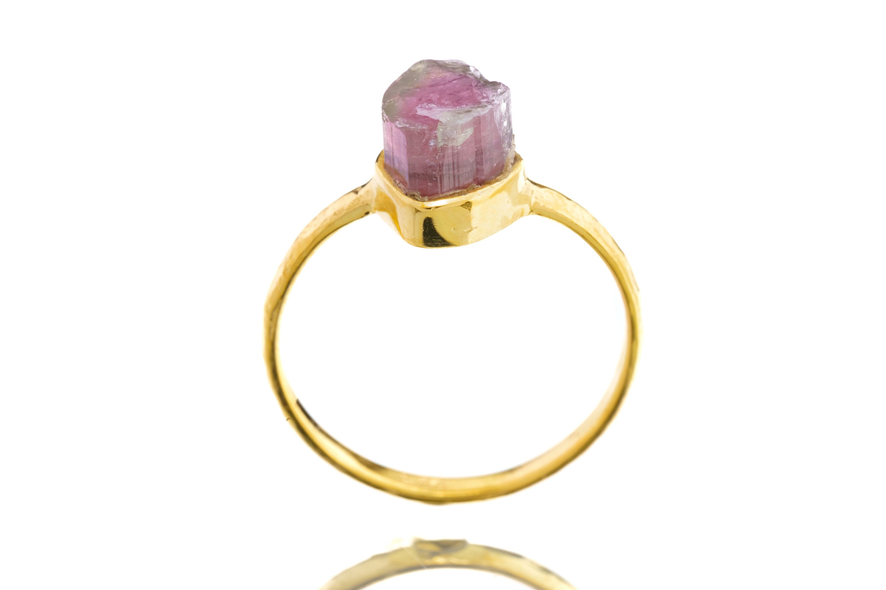 Mostly Pink Watermelon Tourmaline - Size 5 1/2 US - Gold Plated 925 Sterling Silver - Thin Band Hammer Textured