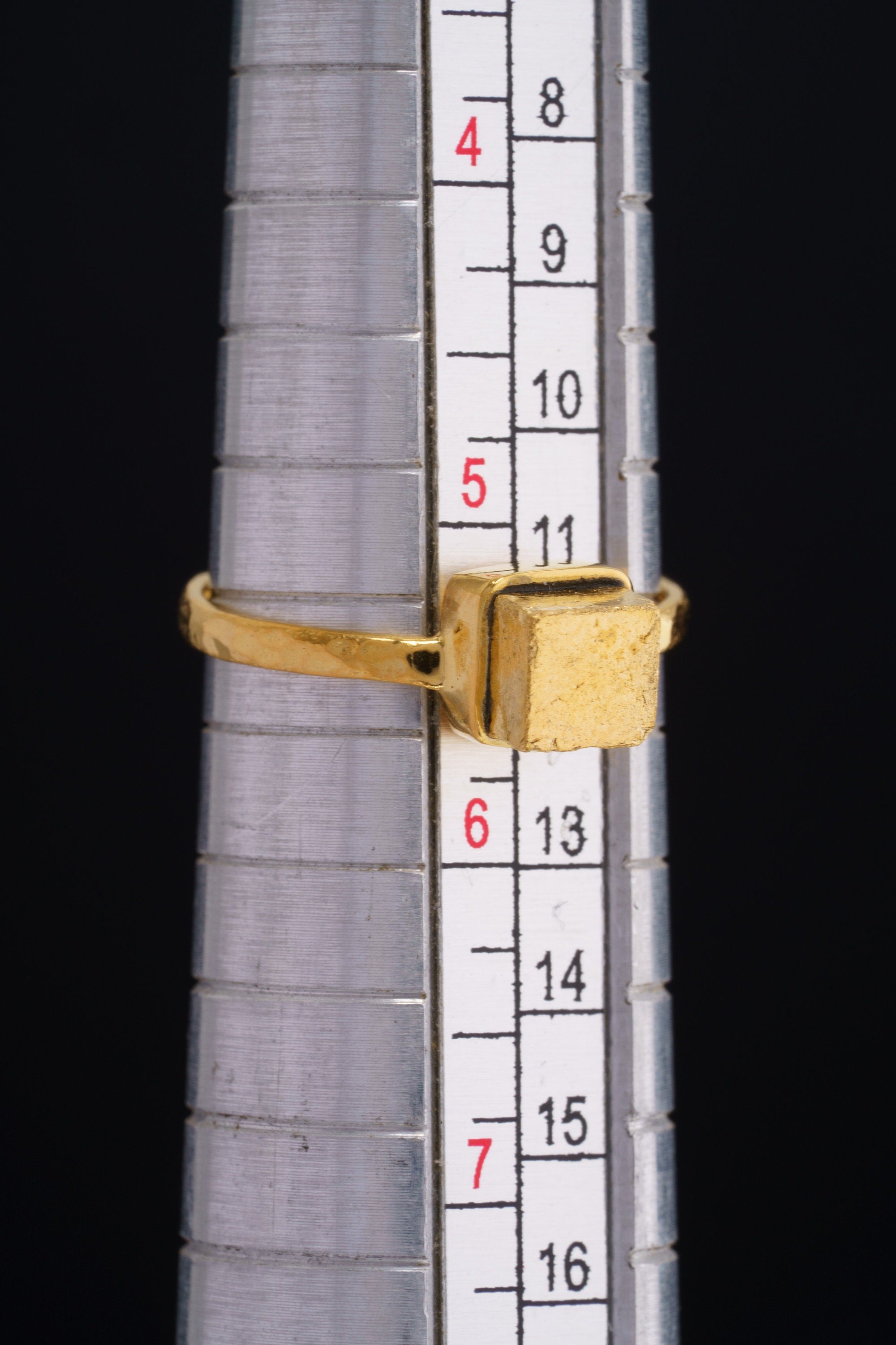 Gold Coated Australian Cubic Pyrite - Stack Crystal Ring - Size 5 1/2 US - Gold Plated 925 Sterling Silver - Thin Band Hammer Textured