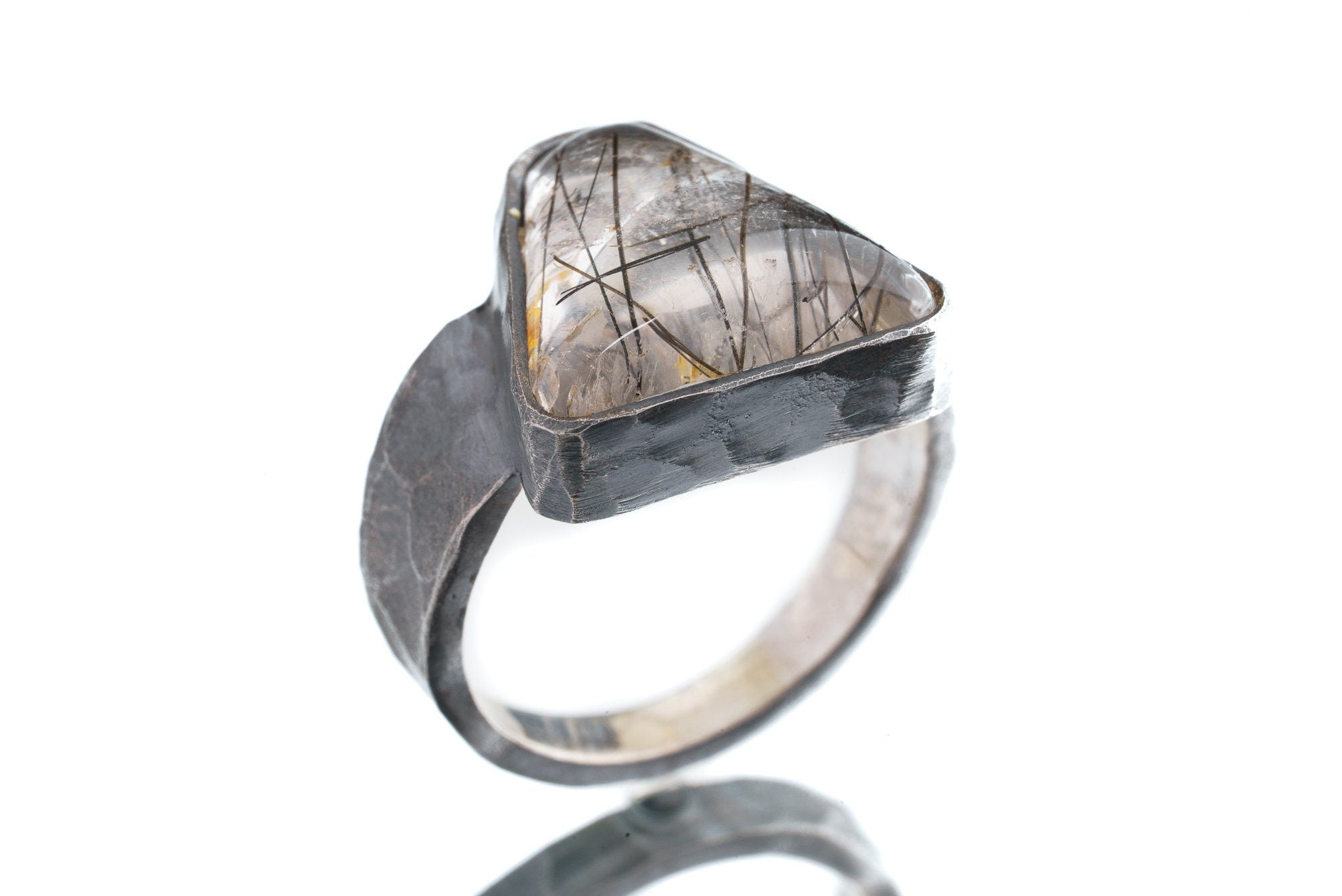 Triangle Black Rutile Quartz Cabochon - Men's / Unisex Large Crystal Ring - Size 8 3/4 US - 925 Sterling Silver - Hammer Textured & Oxidised