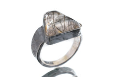 Triangle Black Rutile Quartz Cabochon - Men's / Unisex Large Crystal Ring - Size 8 3/4 US - 925 Sterling Silver - Hammer Textured & Oxidised