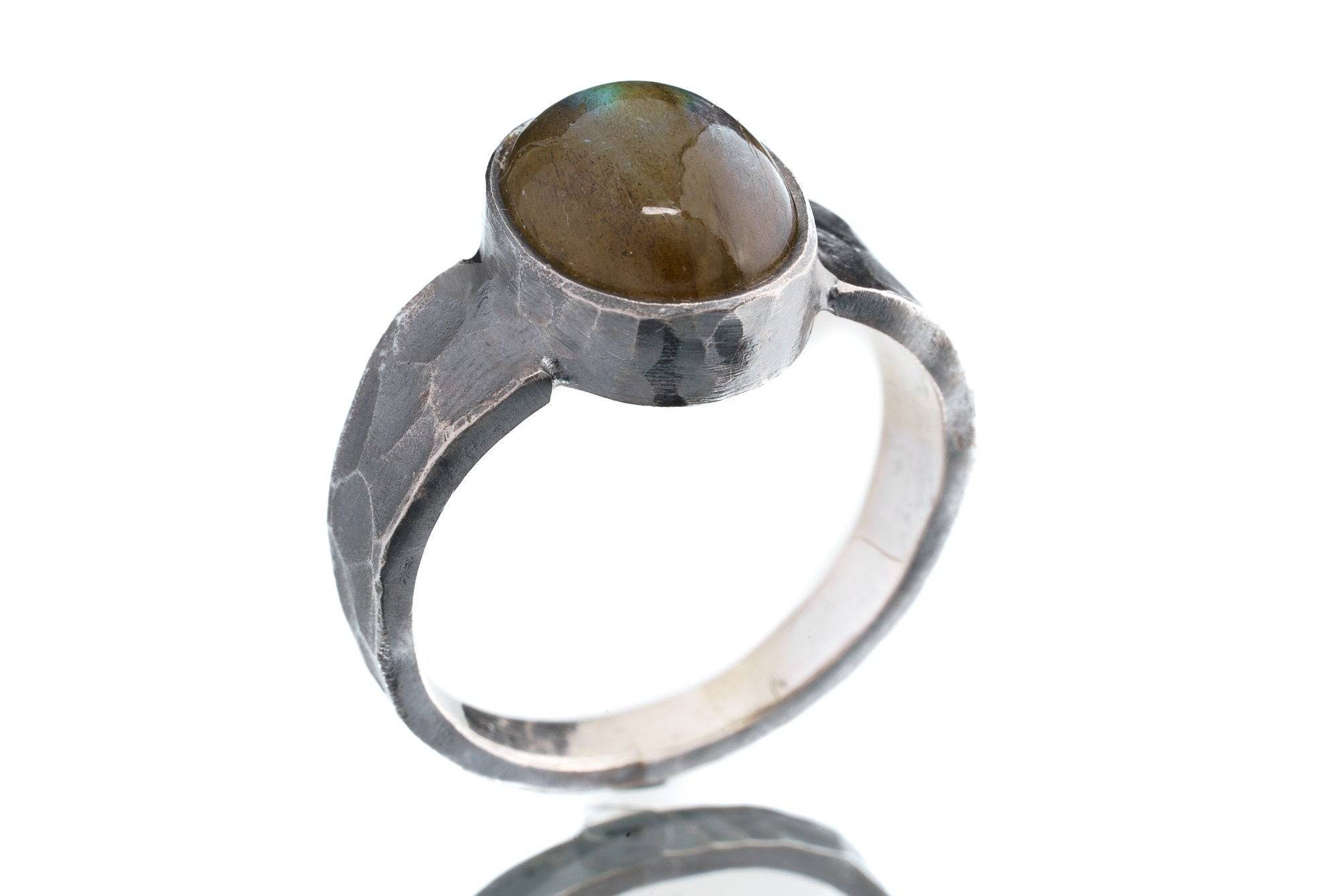 Side view of Labradorite ring showing bark-like oxidized silver texture, coiled tendrils, and raised circular stone.