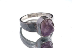 Raw Clean Amethyst Chunk - Men's/Unisex Large Crystal Ring - Size 12 US - 925 Sterling Silver - Hammer Textured & Oxidised