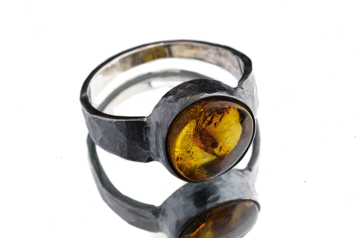 Oval Mexican Amber Bead - Unisex / Men - Large Crystal Ring - Size 13 US - 925 Sterling Silver - Hammer Textured & Oxidised