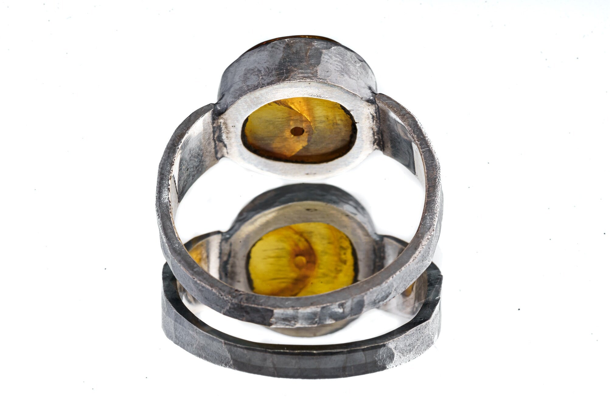 Oval Mexican Amber Bead - Unisex / Men - Large Crystal Ring - Size 13 US - 925 Sterling Silver - Hammer Textured & Oxidised
