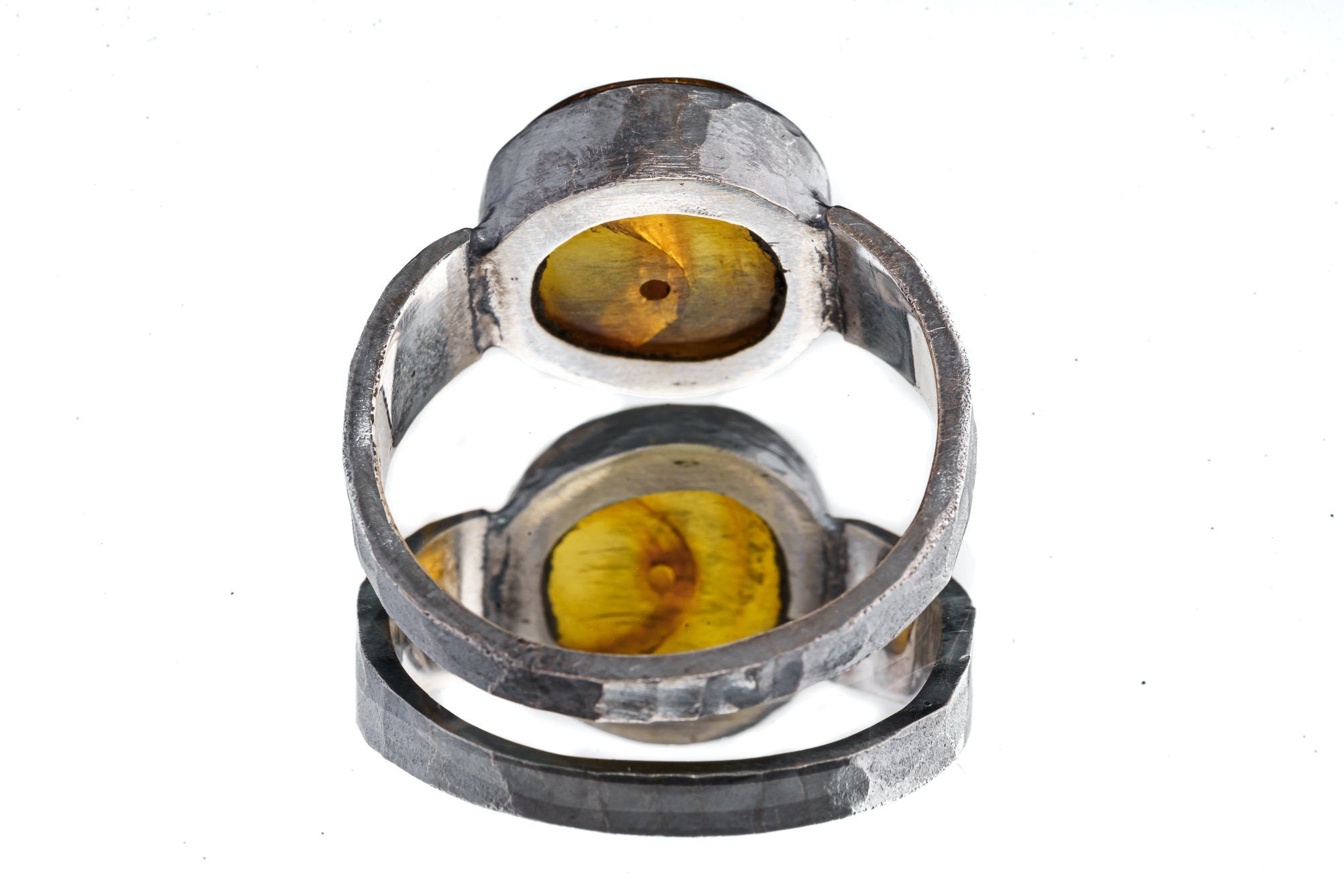 Oval Mexican Amber Bead - Unisex / Men - Large Crystal Ring - Size 13 US - 925 Sterling Silver - Hammer Textured & Oxidised