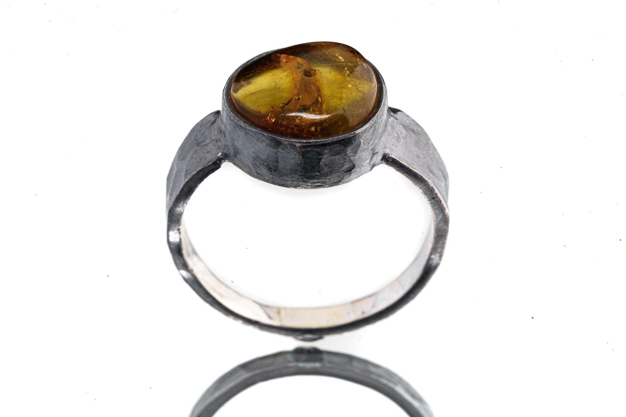 Oval Mexican Amber Bead - Unisex / Men - Large Crystal Ring - Size 13 US - 925 Sterling Silver - Hammer Textured & Oxidised