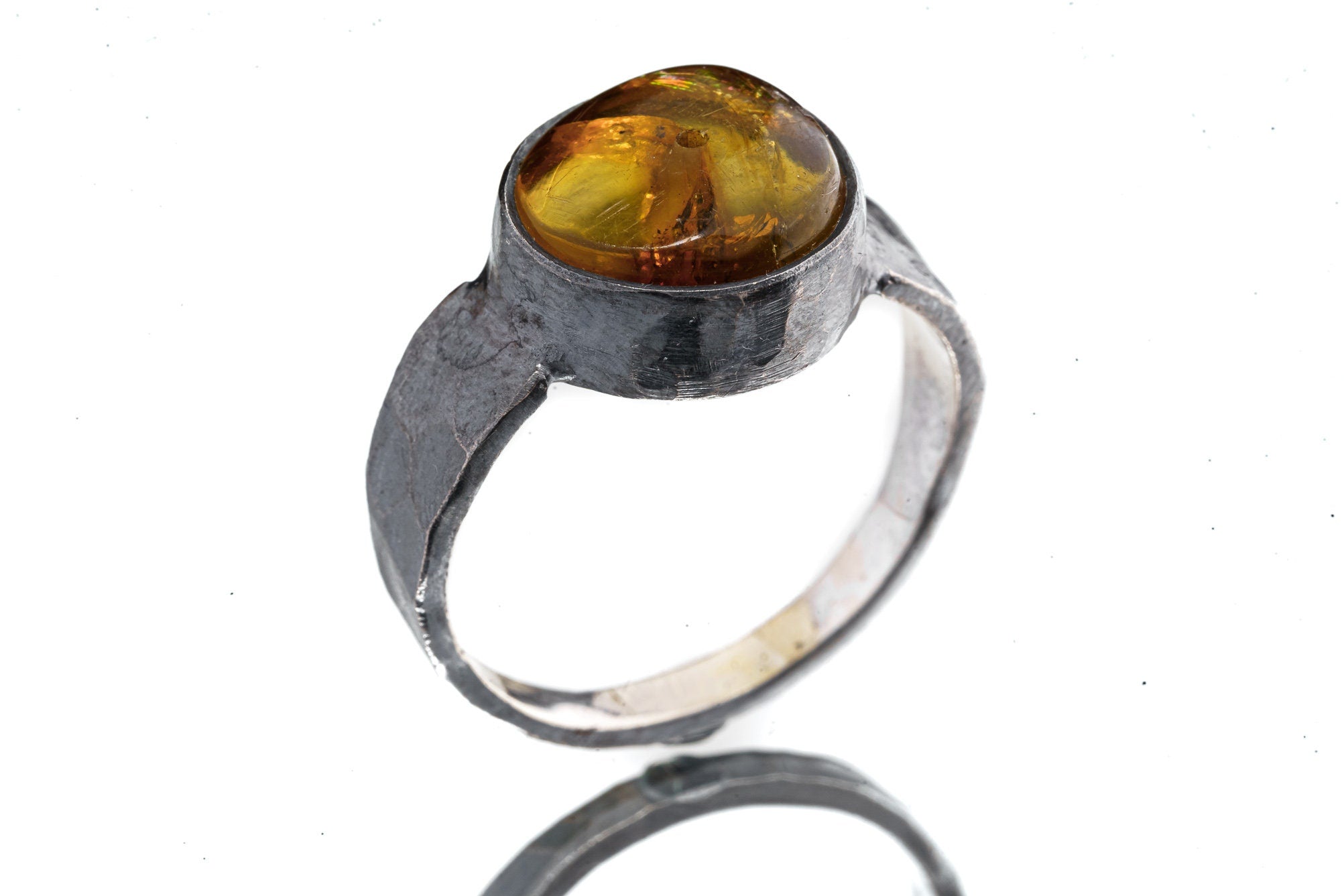 Oval Mexican Amber Bead - Unisex / Men - Large Crystal Ring - Size 13 US - 925 Sterling Silver - Hammer Textured & Oxidised