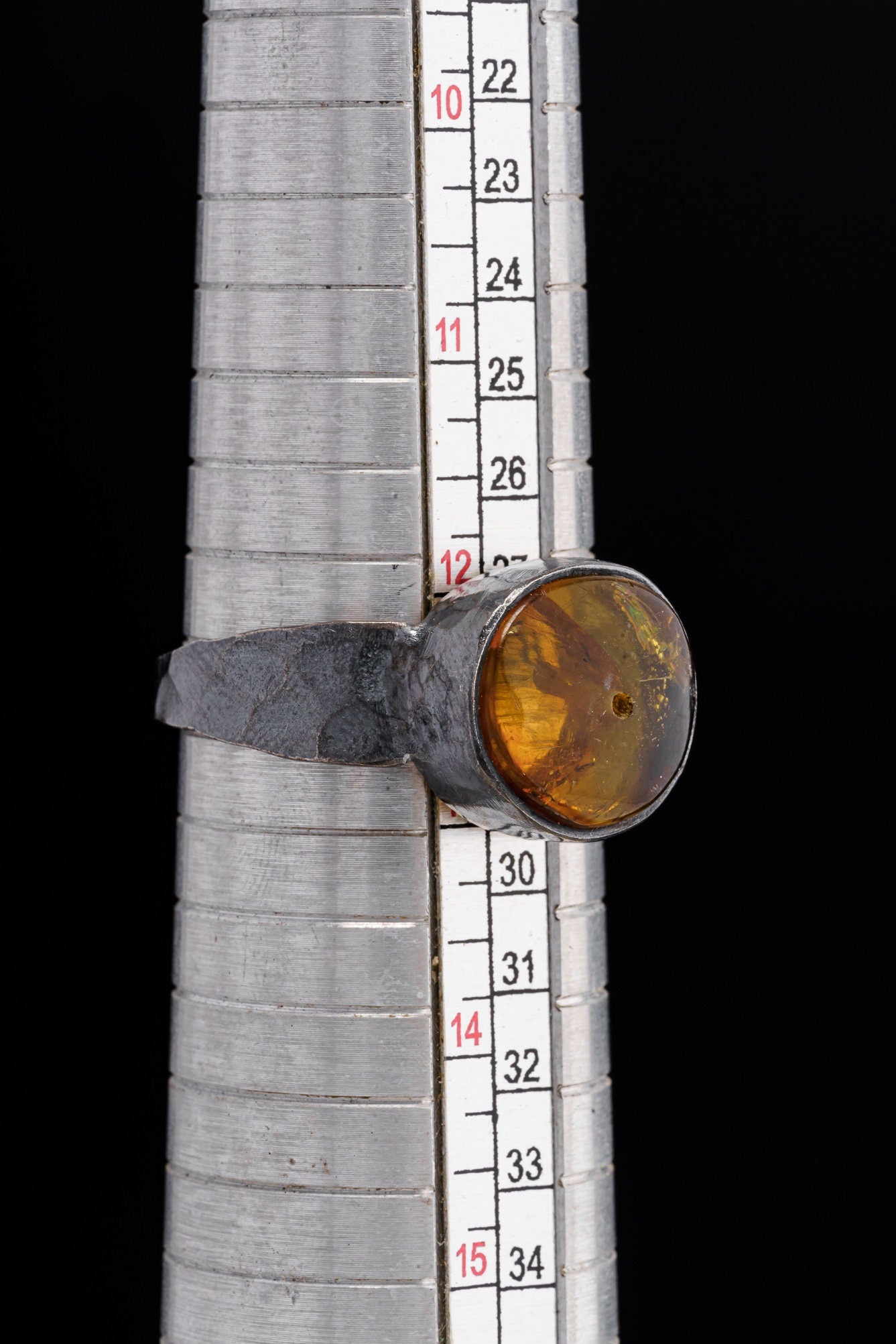 Oval Mexican Amber Bead - Unisex / Men - Large Crystal Ring - Size 13 US - 925 Sterling Silver - Hammer Textured & Oxidised