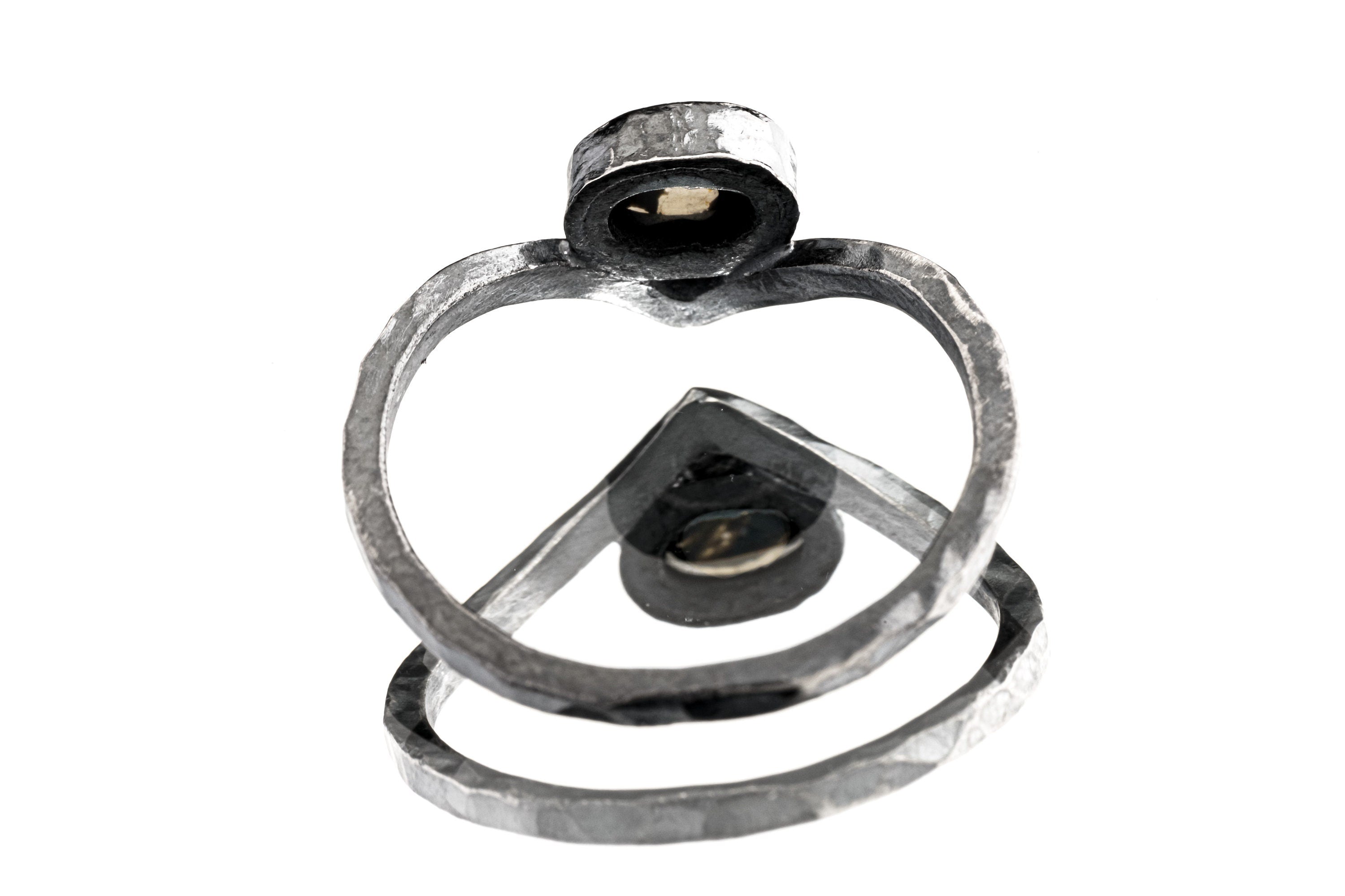 Blue Oval Moonstone Ring - Rustic Boho Stack Ring - Hammered Oxidised Triangle Band - 925 Sterling Silver - Size 4.5 - 8 US