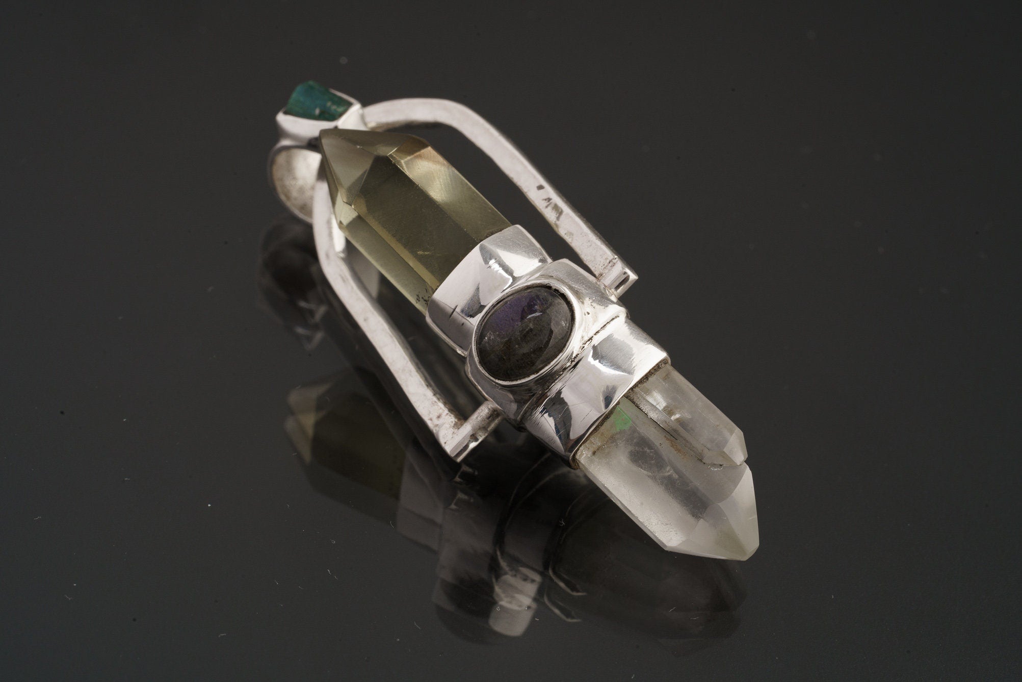 Citirine Generator & Phantom Chloride Quartz with a Ethiopian Opal, Labradorite, Apatite - Sterling Silver Set - Spinning Crystal Pendant