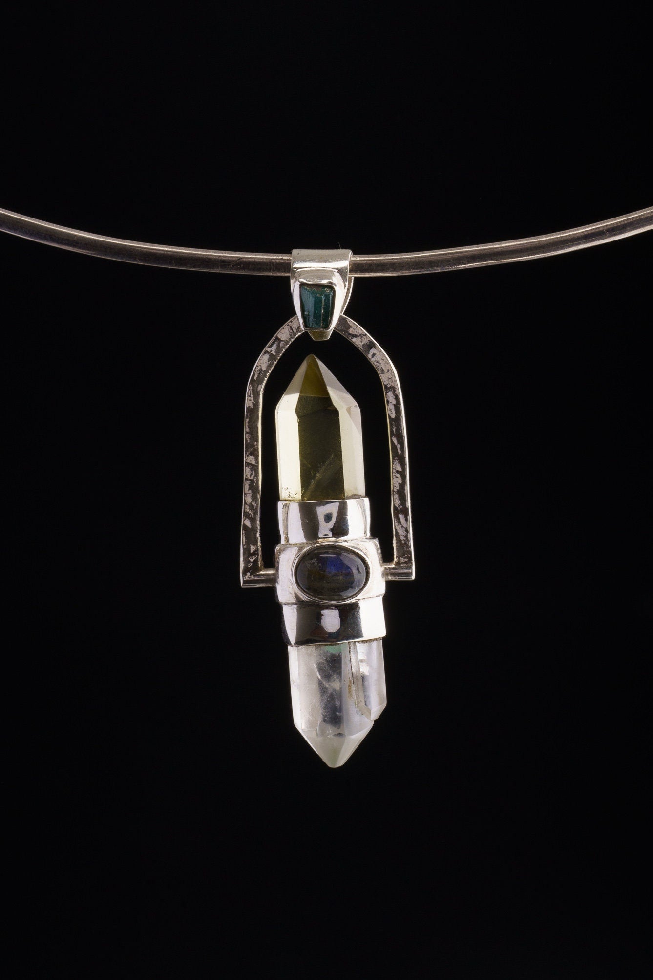 Citirine Generator & Phantom Chloride Quartz with a Ethiopian Opal, Labradorite, Apatite - Sterling Silver Set - Spinning Crystal Pendant