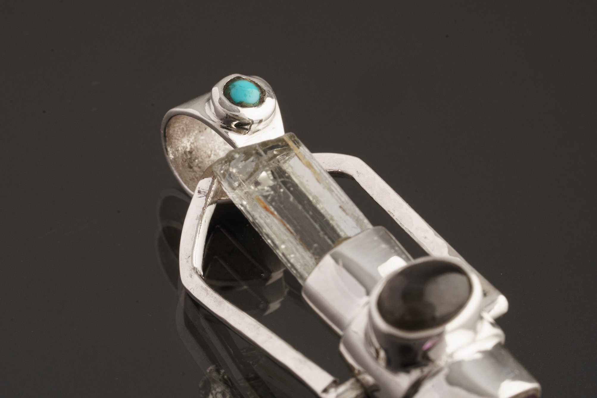 Raw Aquamarine Amethyst Point Sterling Silver Pendant: Turquoise Labradorite Apatite Accent