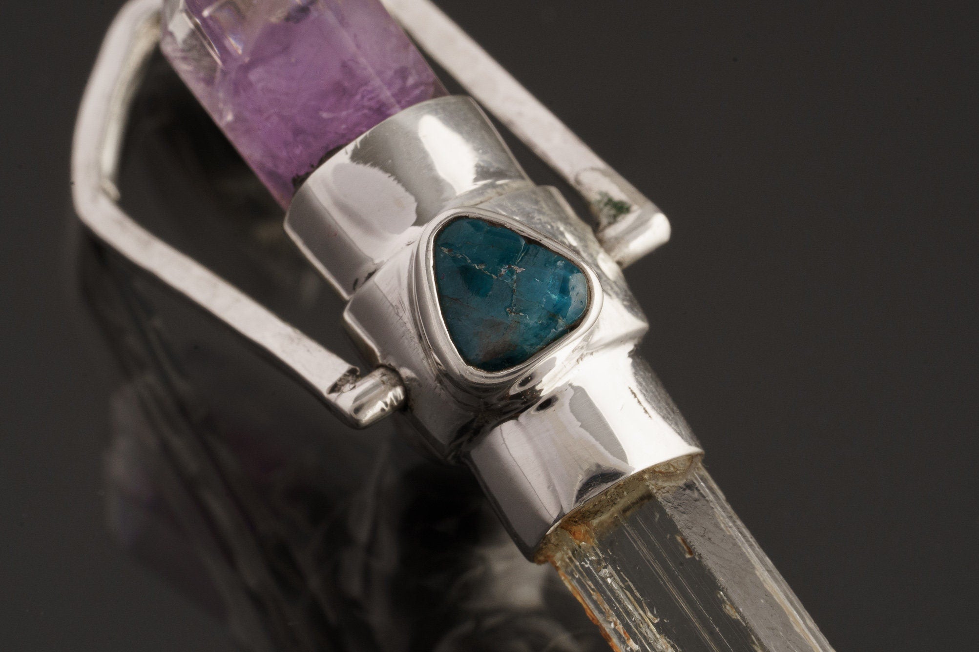 Raw Aquamarine Amethyst Point Sterling Silver Pendant: Turquoise Labradorite Apatite Accent