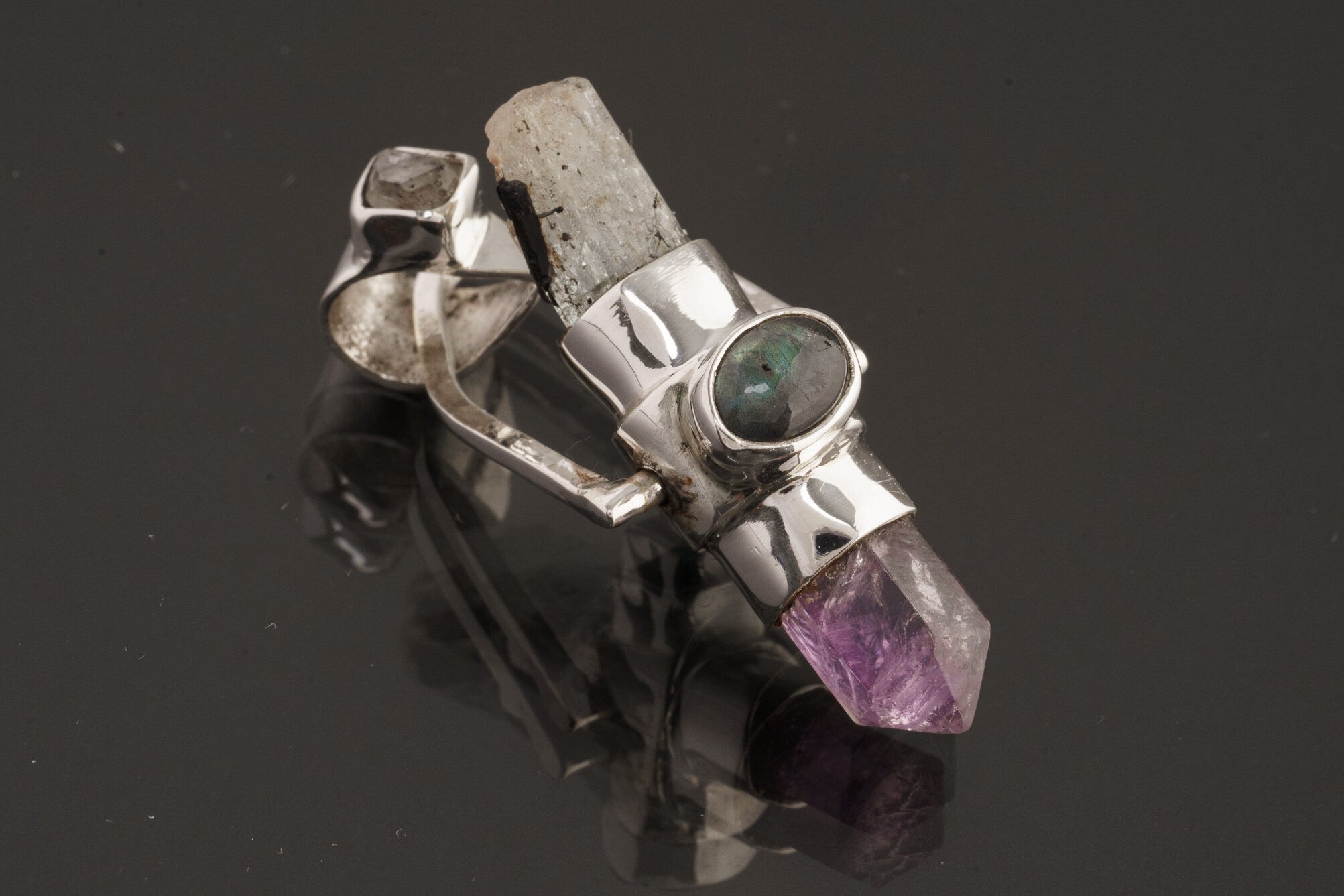 Raw Aquamarine & Generator Amethyst Point with a Herkimer Diamond, Labradorite and Apatite - Sterling Silver Set - Spinning Crystal Pendant