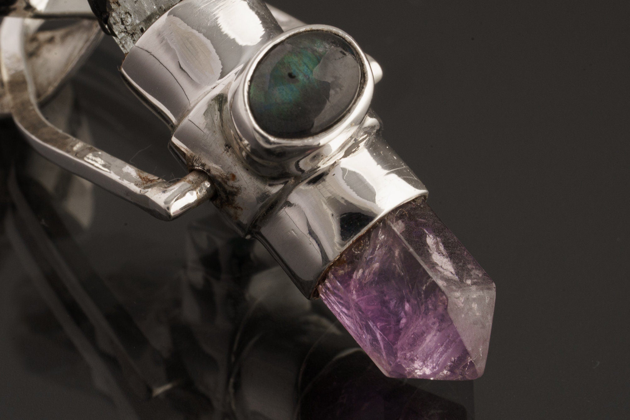 Raw Aquamarine & Generator Amethyst Point with a Herkimer Diamond, Labradorite and Apatite - Sterling Silver Set - Spinning Crystal Pendant