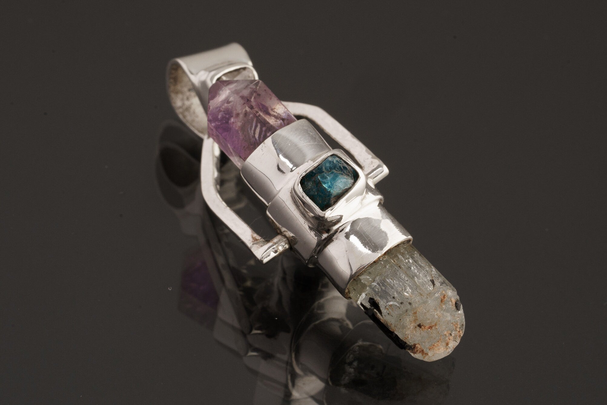 Raw Aquamarine & Generator Amethyst Point with a Herkimer Diamond, Labradorite and Apatite - Sterling Silver Set - Spinning Crystal Pendant