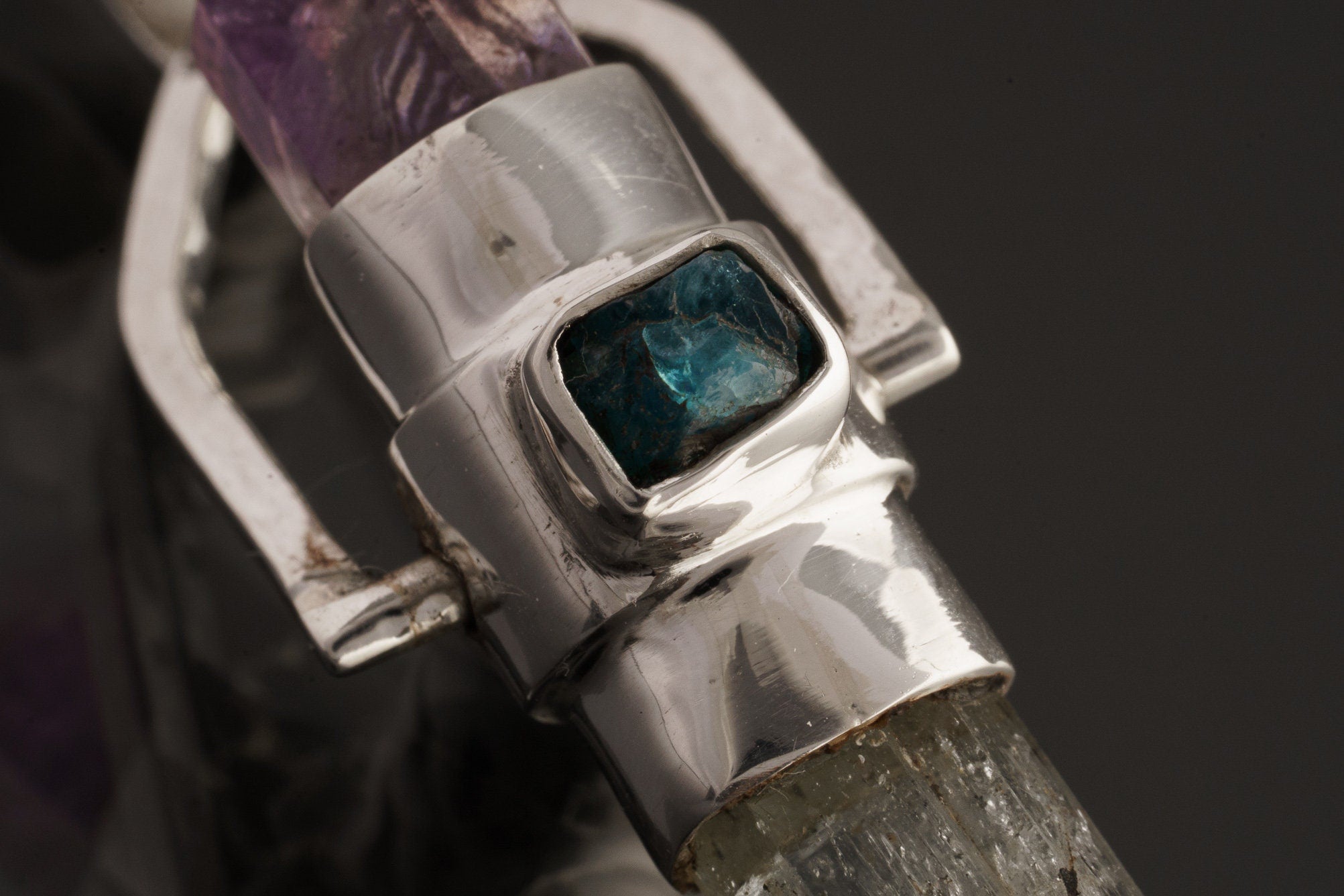 Raw Aquamarine & Generator Amethyst Point with a Herkimer Diamond, Labradorite and Apatite - Sterling Silver Set - Spinning Crystal Pendant