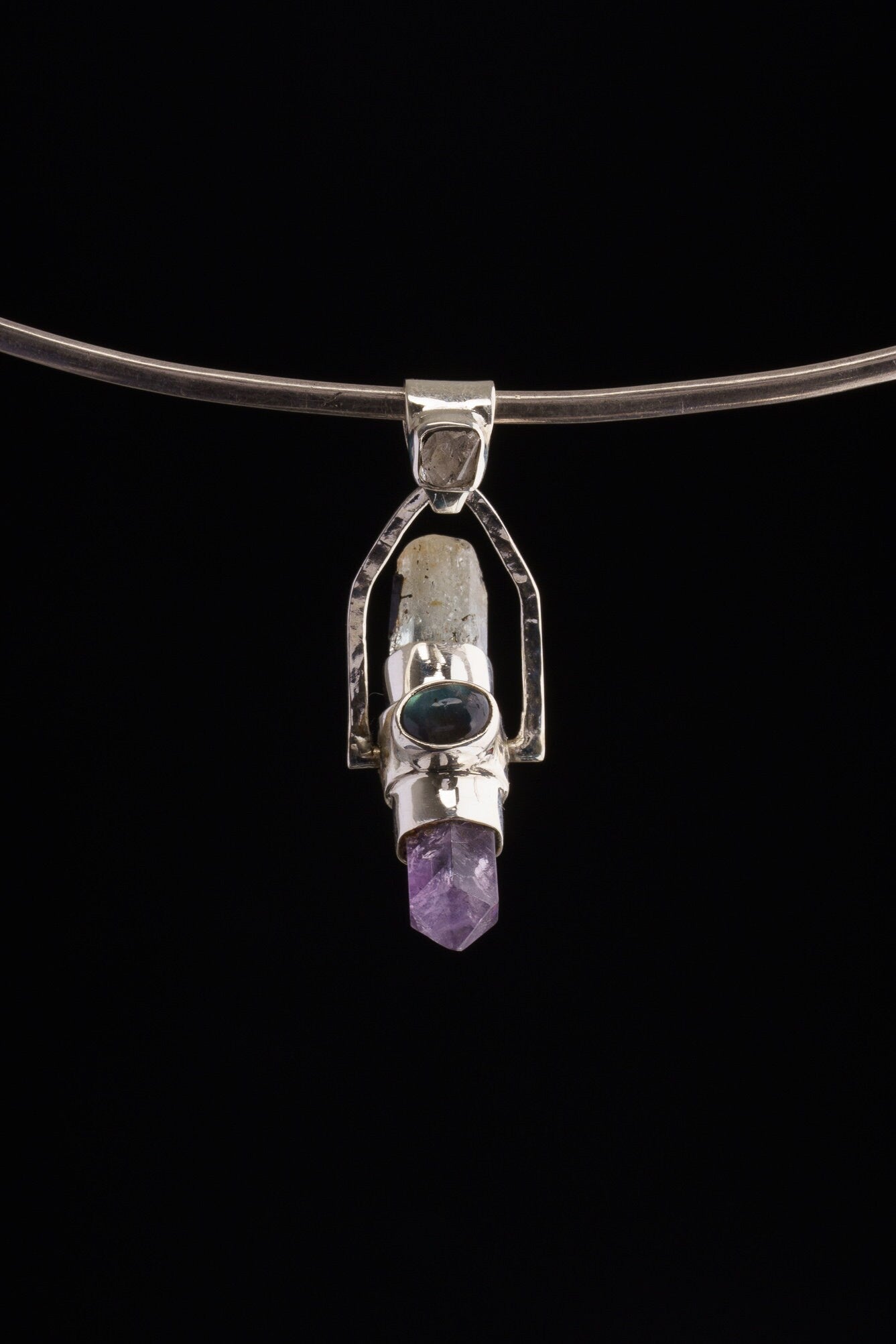 Raw Aquamarine & Generator Amethyst Point with a Herkimer Diamond, Labradorite and Apatite - Sterling Silver Set - Spinning Crystal Pendant