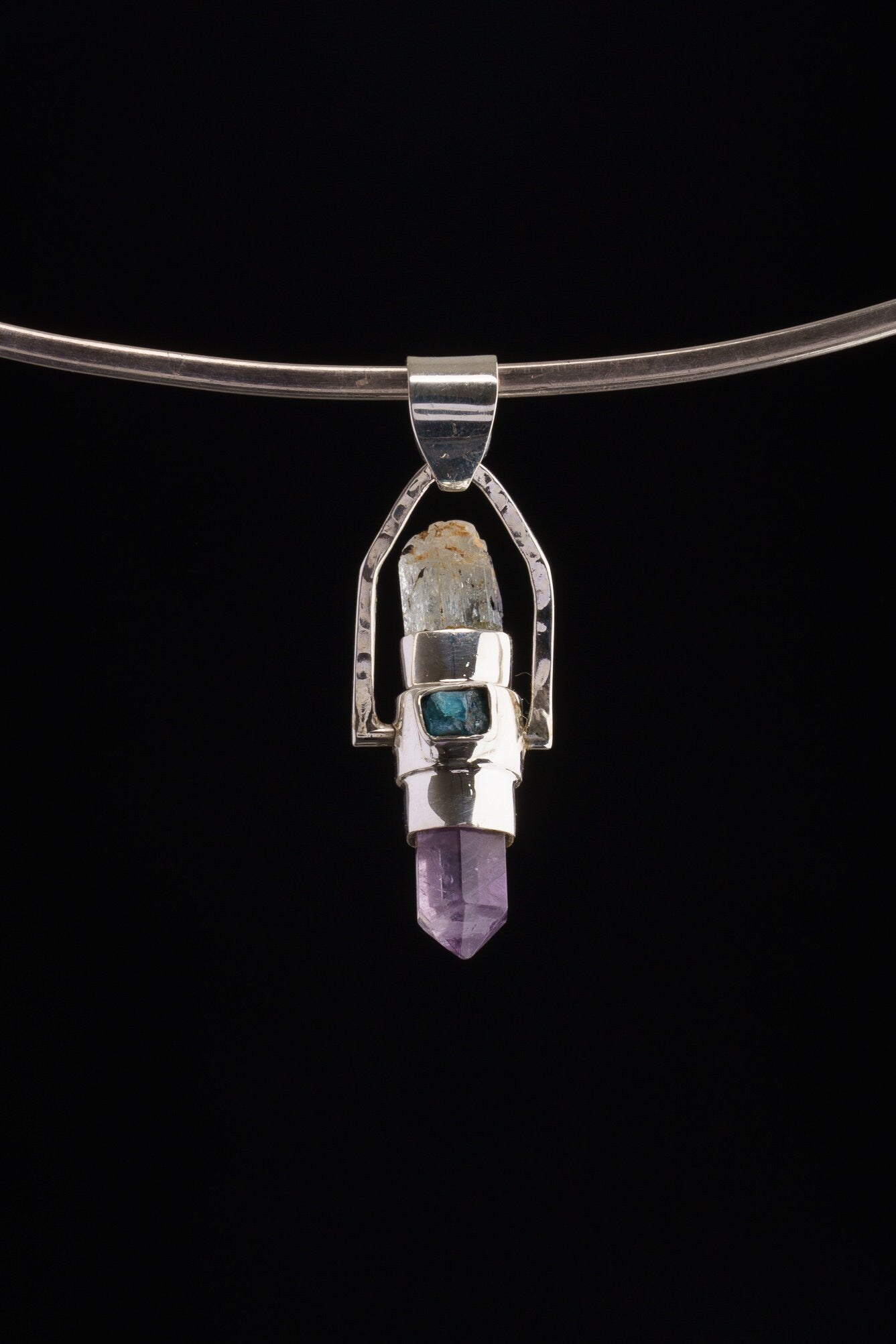 Raw Aquamarine & Generator Amethyst Point with a Herkimer Diamond, Labradorite and Apatite - Sterling Silver Set - Spinning Crystal Pendant