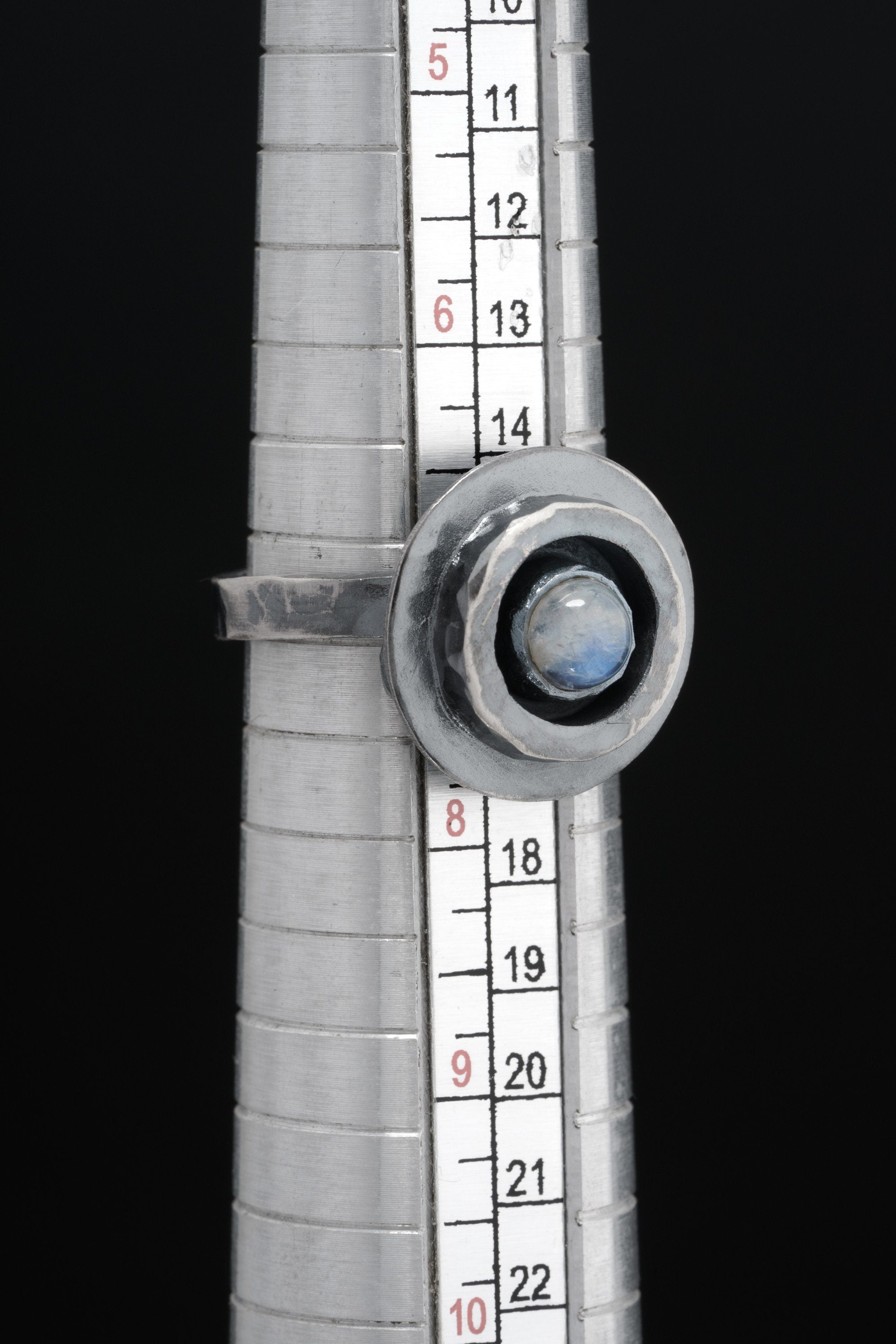 Blue Moonstone Ring: Oxidized Sterling Silver, Adjustable Textured Band