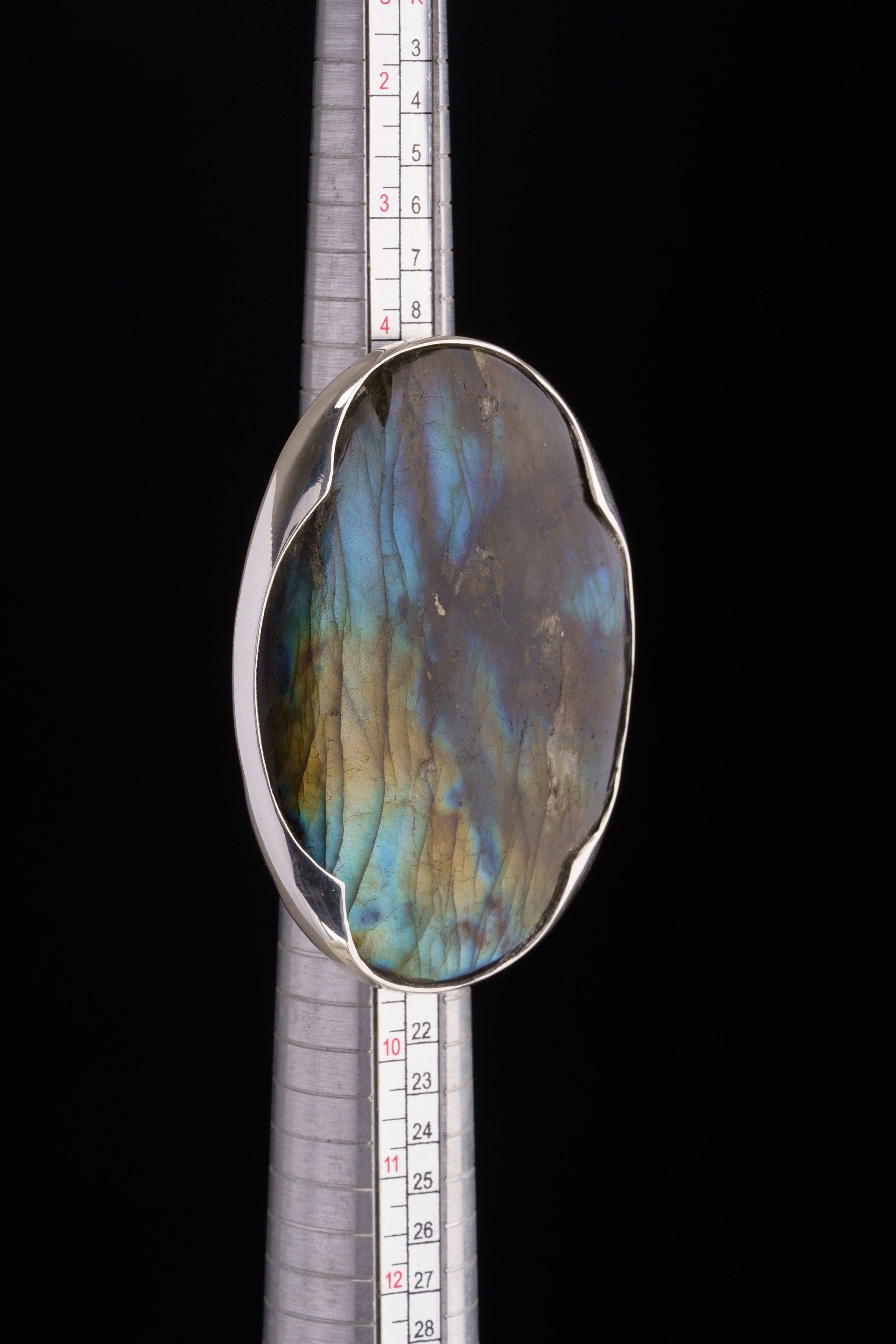 AAA Rainbow Labradorite Ring: Adjustable Sterling Silver Textured Band