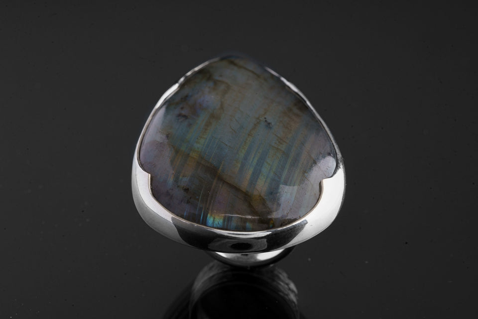AAA Large Labradorite Ring 925 Silver Adjustable Textured Band Open Back Bezel Statement Crystal Jewelry Gift