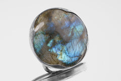 Big AAA Rainbow Blue Labradorite Oval - Brushed & Oxidised - 925 Sterling Silver - Heavy Set Adjustable Textured Ring - Size 5-10 US