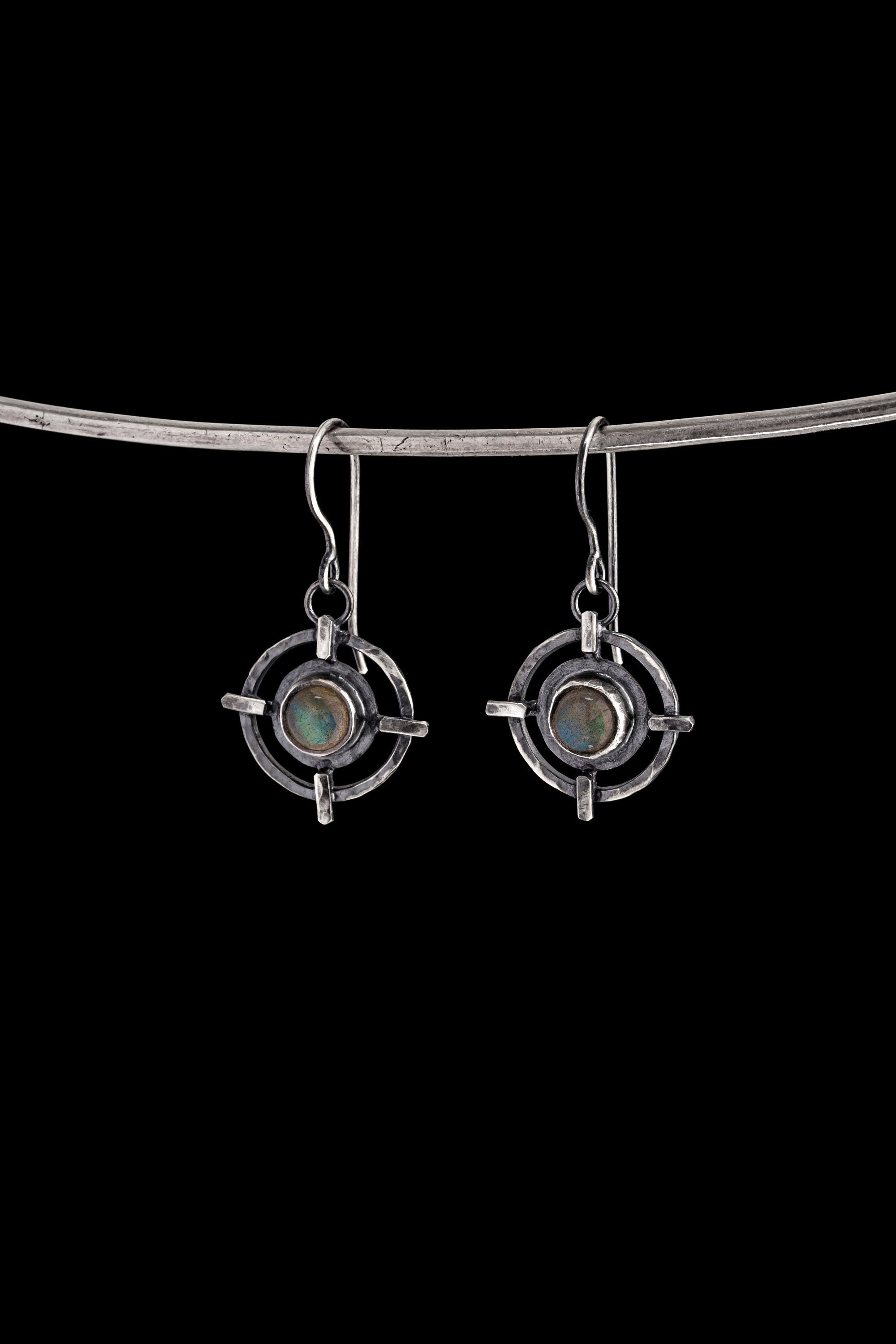 Labradorite Circle Cross earrings in hammered 925 sterling silver with bezel-set stones and old-world dangle design.