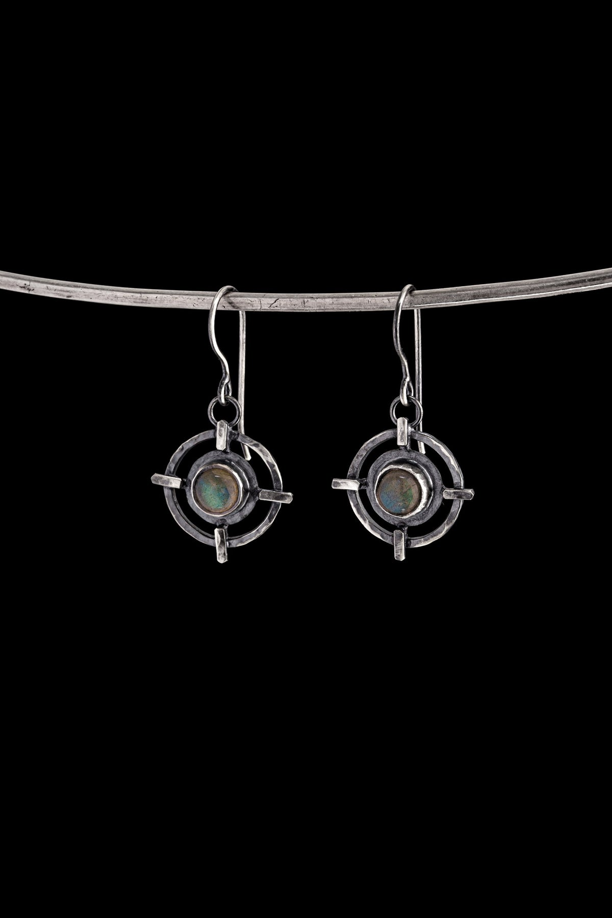Labradorite Circle Cross earrings in hammered 925 sterling silver with bezel-set stones and old-world dangle design.