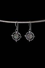 Labradorite Circle Cross earrings in hammered 925 sterling silver with bezel-set stones and old-world dangle design.