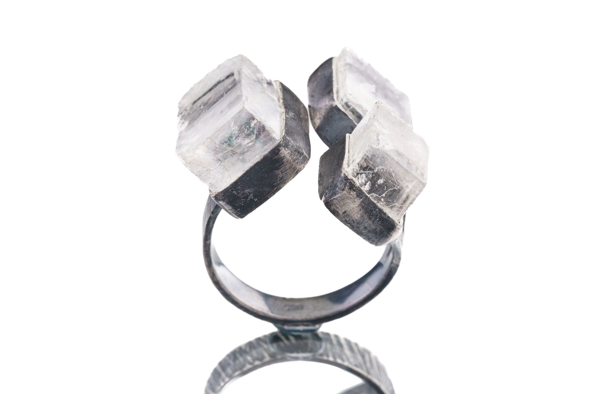 TRIPLE Optical Selenite - 925 Sterling Silver - Multi Stone - Textured, Oxidised - Open Ring Band - Adjustable US 6 - 10 - NO/16