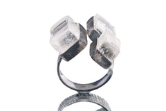 TRIPLE Optical Selenite - 925 Sterling Silver - Multi Stone - Textured, Oxidised - Open Ring Band - Adjustable US 6 - 10 - NO/16