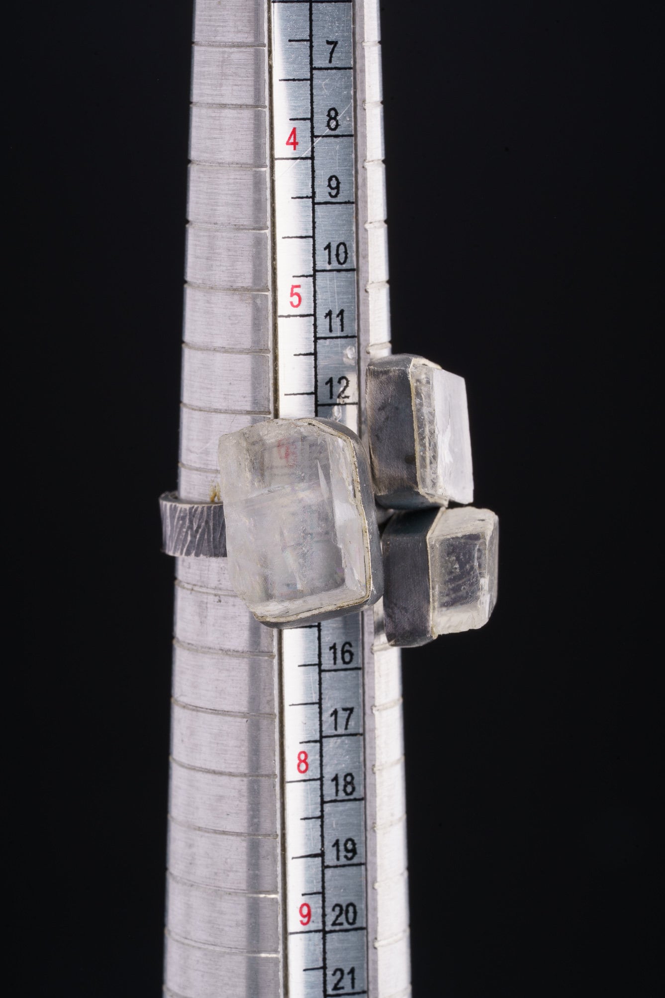 TRIPLE Optical Selenite - 925 Sterling Silver - Multi Stone - Textured, Oxidised - Open Ring Band - Adjustable US 6 - 10 - NO/16