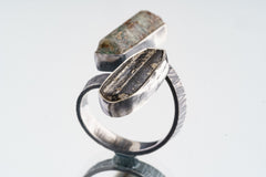 Aquamarine & Gem Tourmaline- 925 Sterling Silver - Double Stone - Textured, Oxidised - Open Ring Band - Adjustable US 4-10 - NO/6