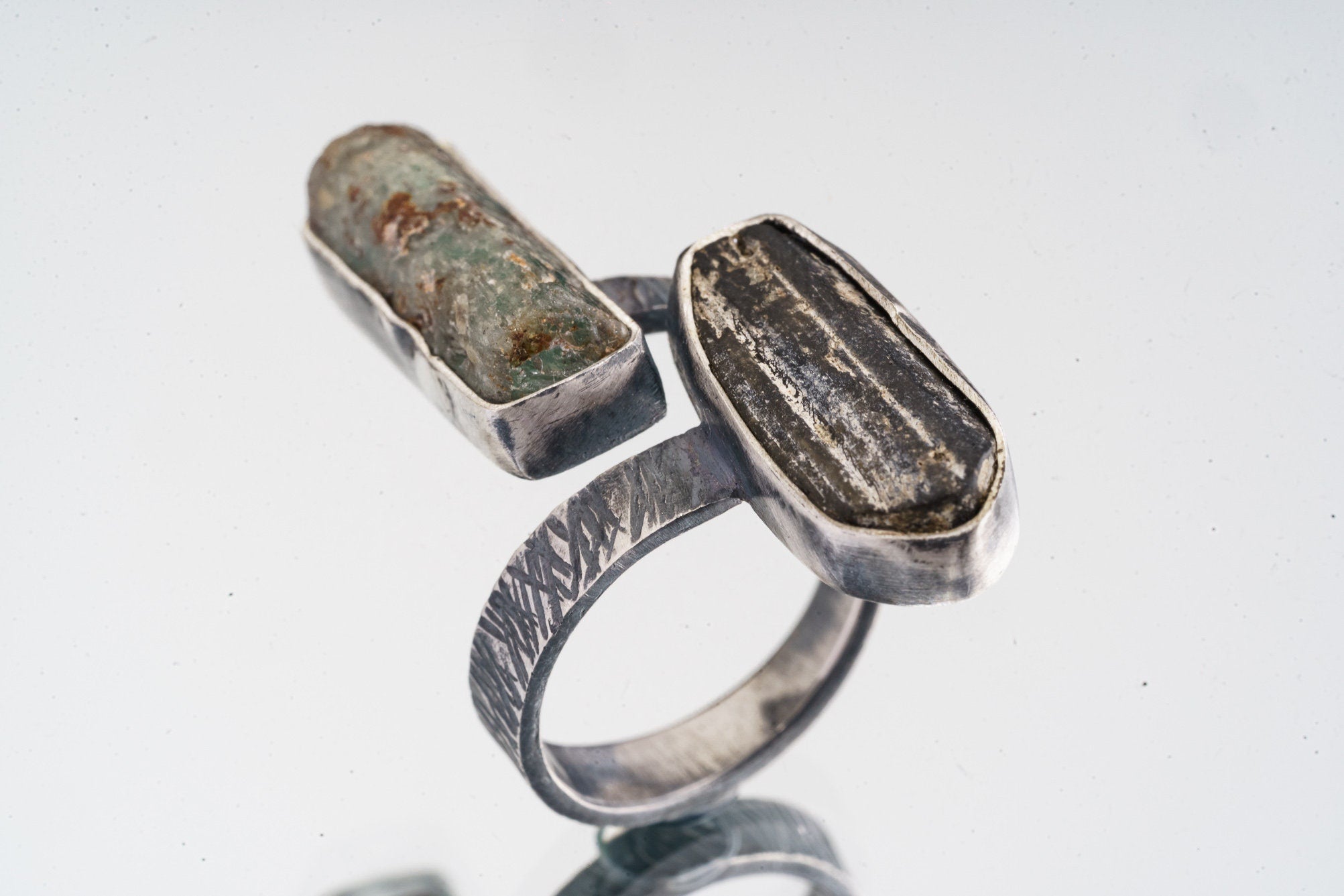 Aquamarine & Gem Tourmaline- 925 Sterling Silver - Double Stone - Textured, Oxidised - Open Ring Band - Adjustable US 4-10 - NO/6