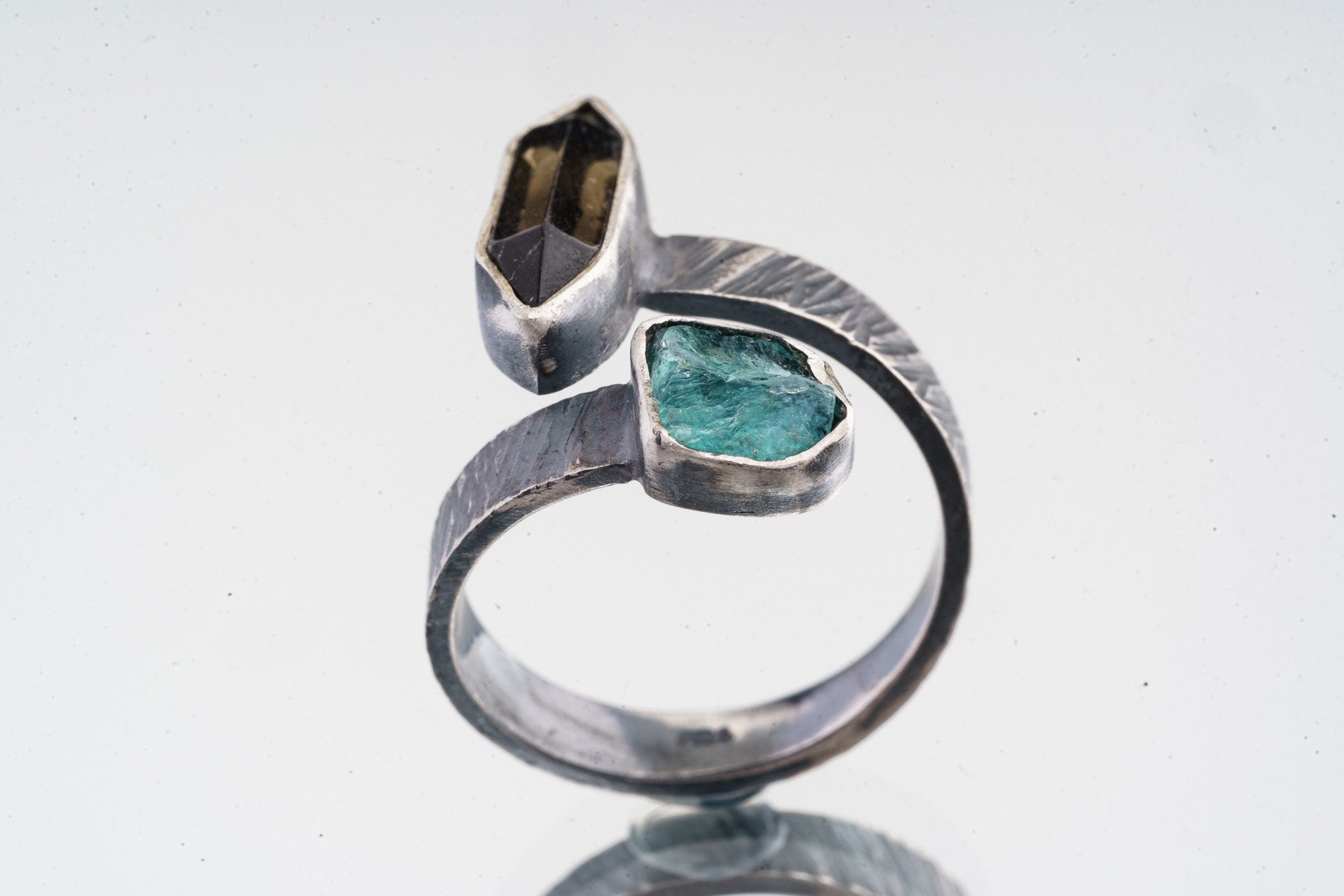 DT Cut Smoky Quartz & Apatite - 925 Sterling Silver - Double Stone - Textured, Oxidised - Open Ring Band - Adjustable US 4 - 10 - NO/13