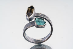 DT Cut Smoky Quartz & Apatite - 925 Sterling Silver - Double Stone - Textured, Oxidised - Open Ring Band - Adjustable US 4 - 10 - NO/13