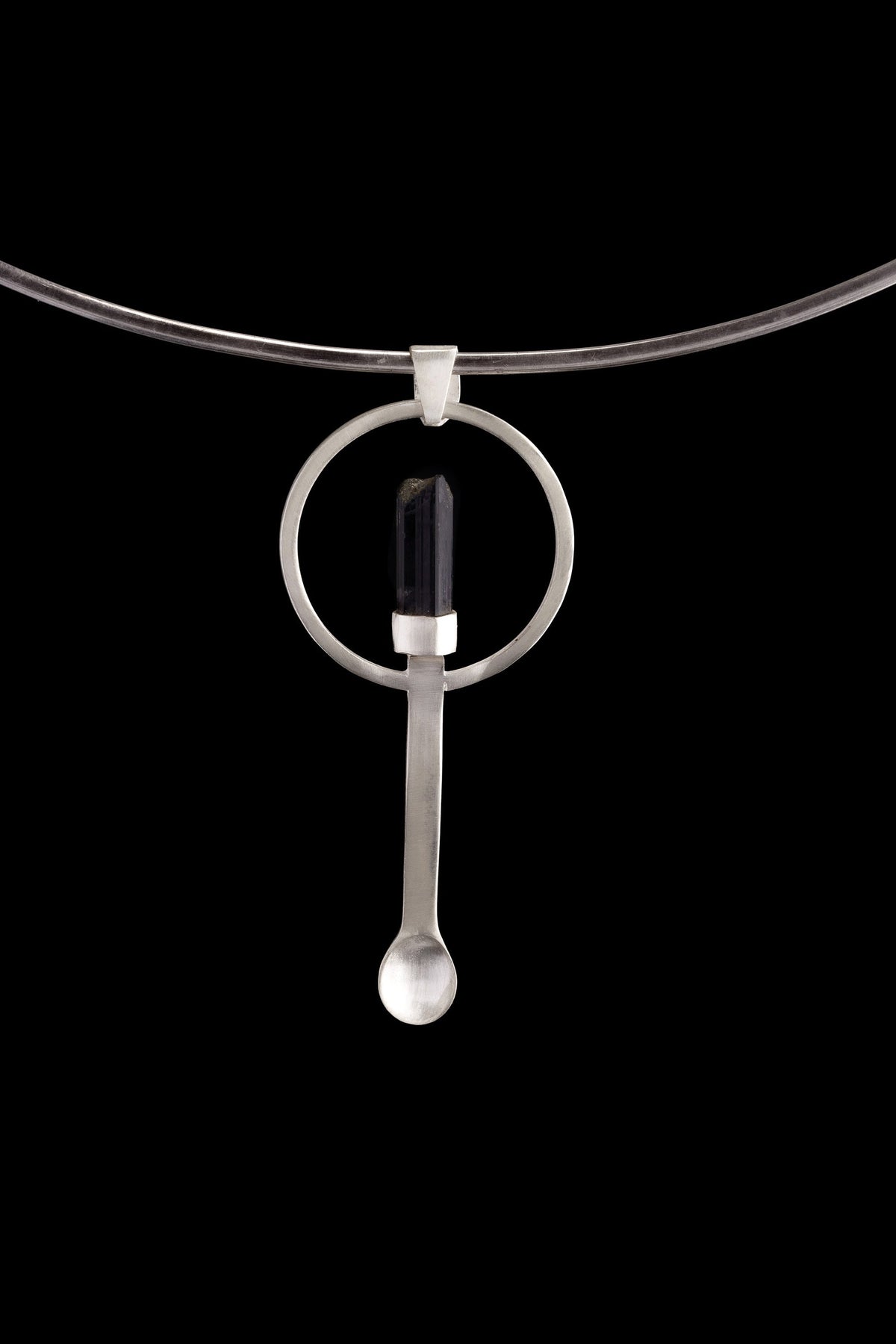 Black Tourmaline Wand - Small Spice / Ceremonial Spoon - Solid 925 Cast Silver - Unique Brush Textured - Crystal Pendant Necklace -