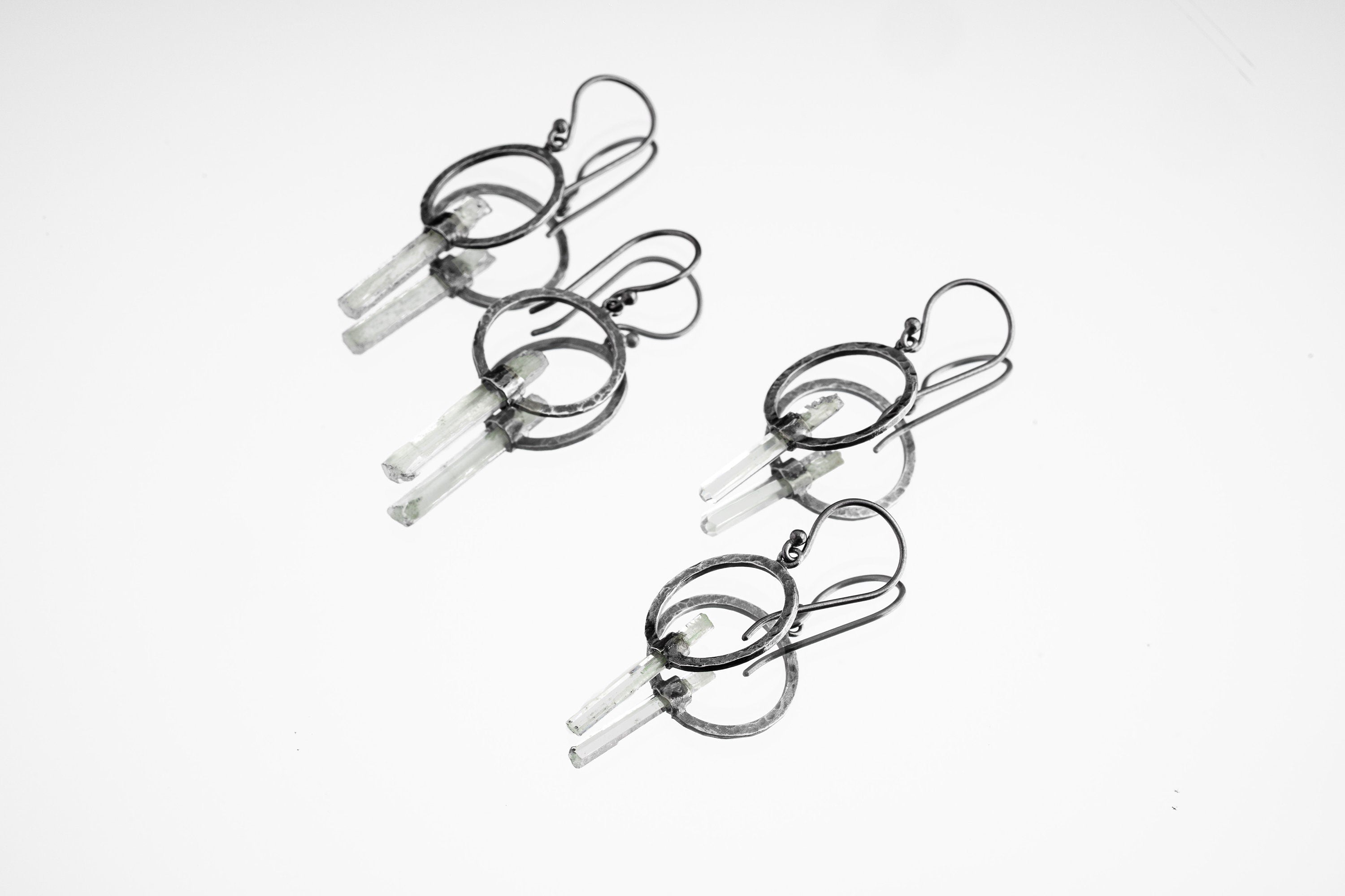 Oxidized Sterling Silver Aquamarine Wand Dangle Hoop Earrings