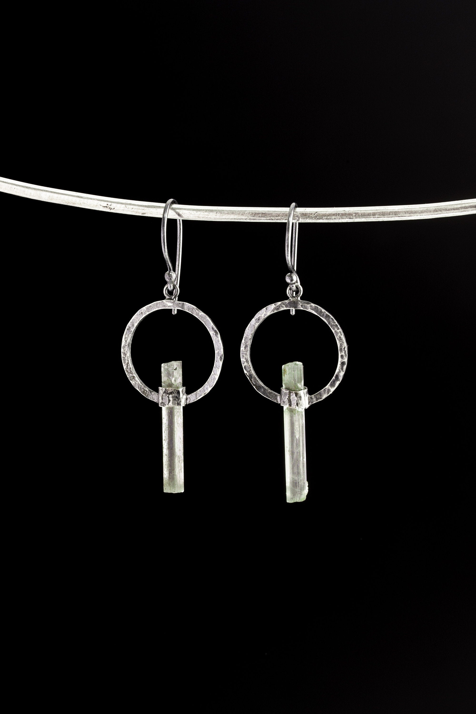 Oxidized Sterling Silver Aquamarine Wand Dangle Hoop Earrings