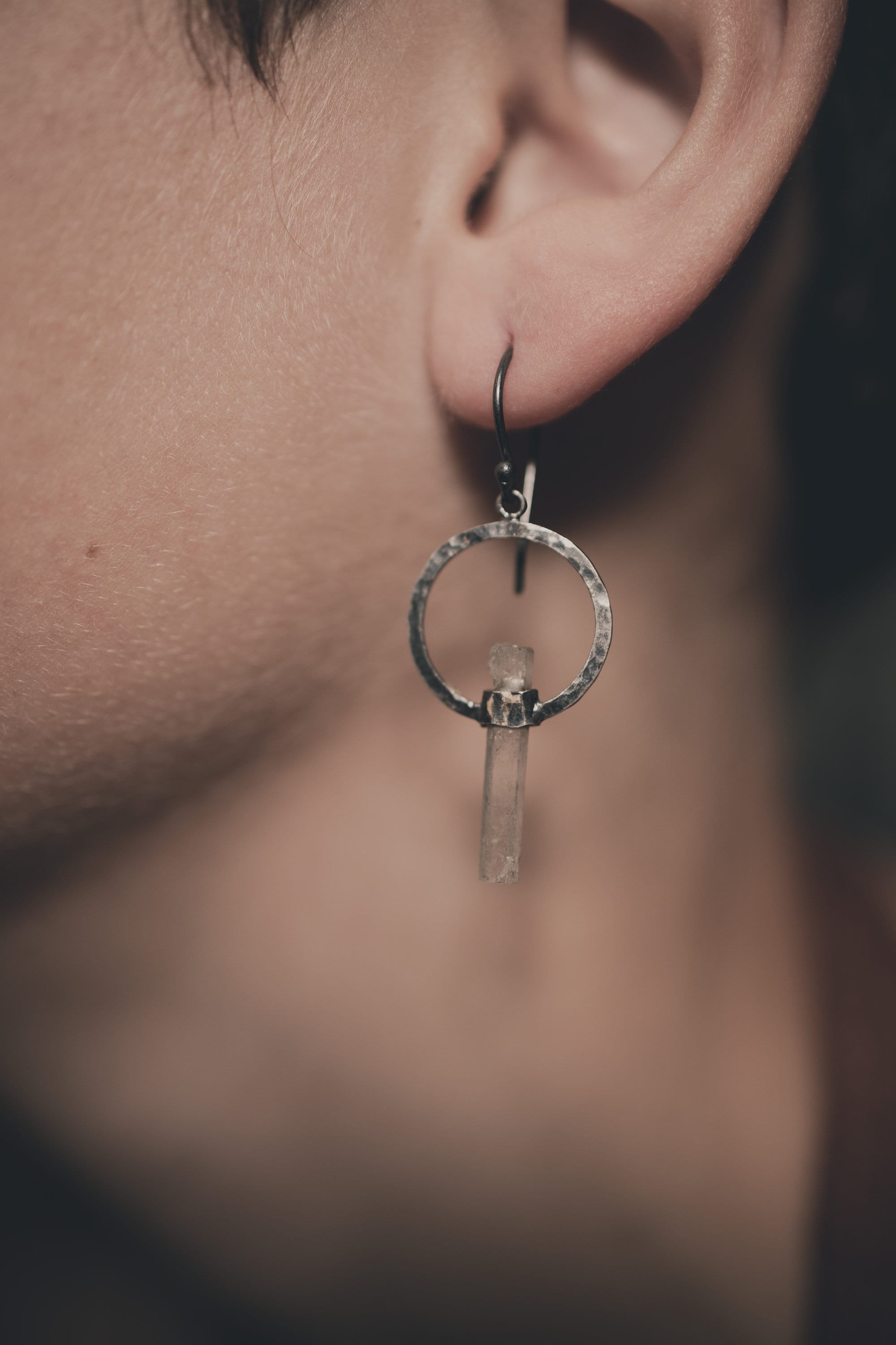 Oxidized Sterling Silver Aquamarine Wand Dangle Hoop Earrings