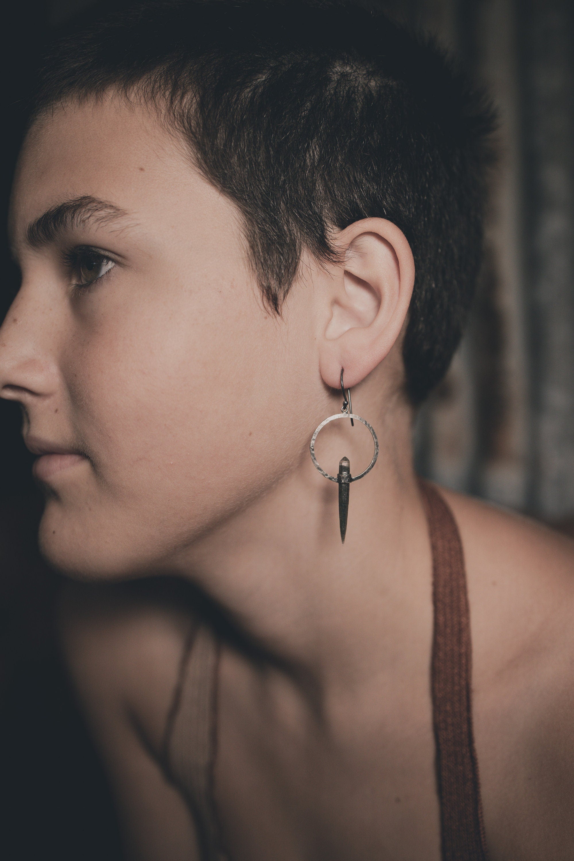 Chlorite Phantom Quartz Hoop Earrings 925 Sterling Silver Hammered Circle Dangles Himalayan Crystal Jewelry Gift