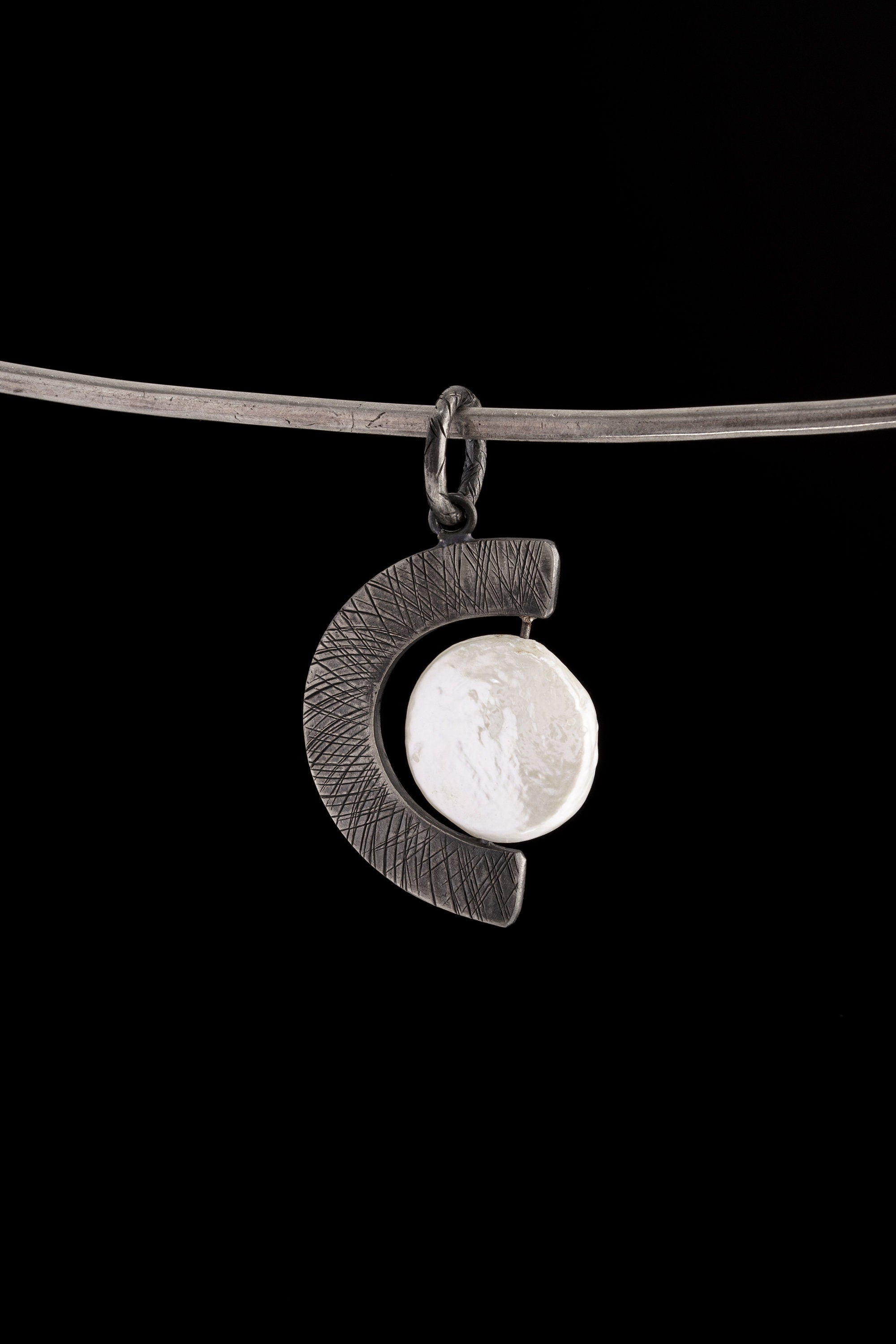 Oxidized Sterling Silver Pearl Pendant Necklace: Criss Cross Texture, Crown Chakra