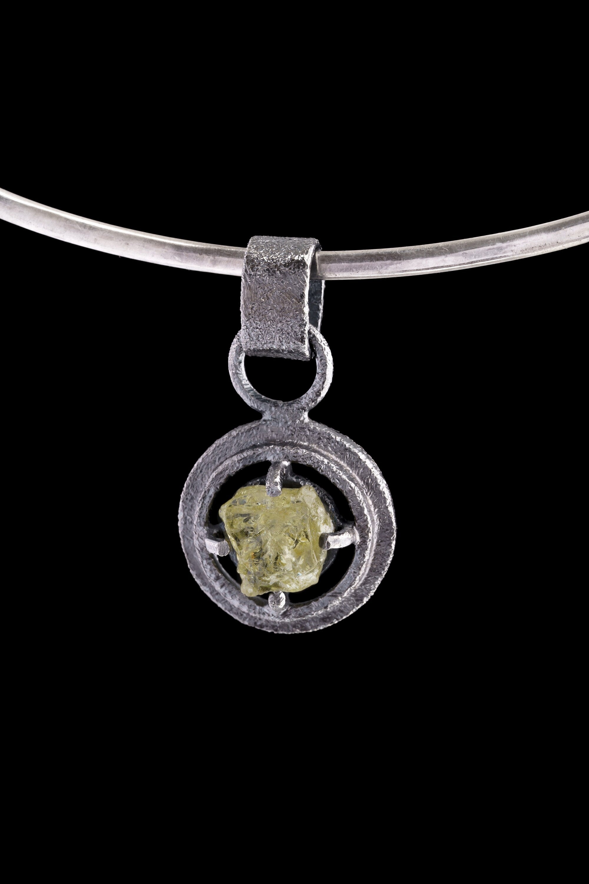 Raw AAA Grade Peridot - Oxidised Sterling Silver - Strong Framed Claw Wire Setting - Sand Textured - Pendant Crystal Necklace