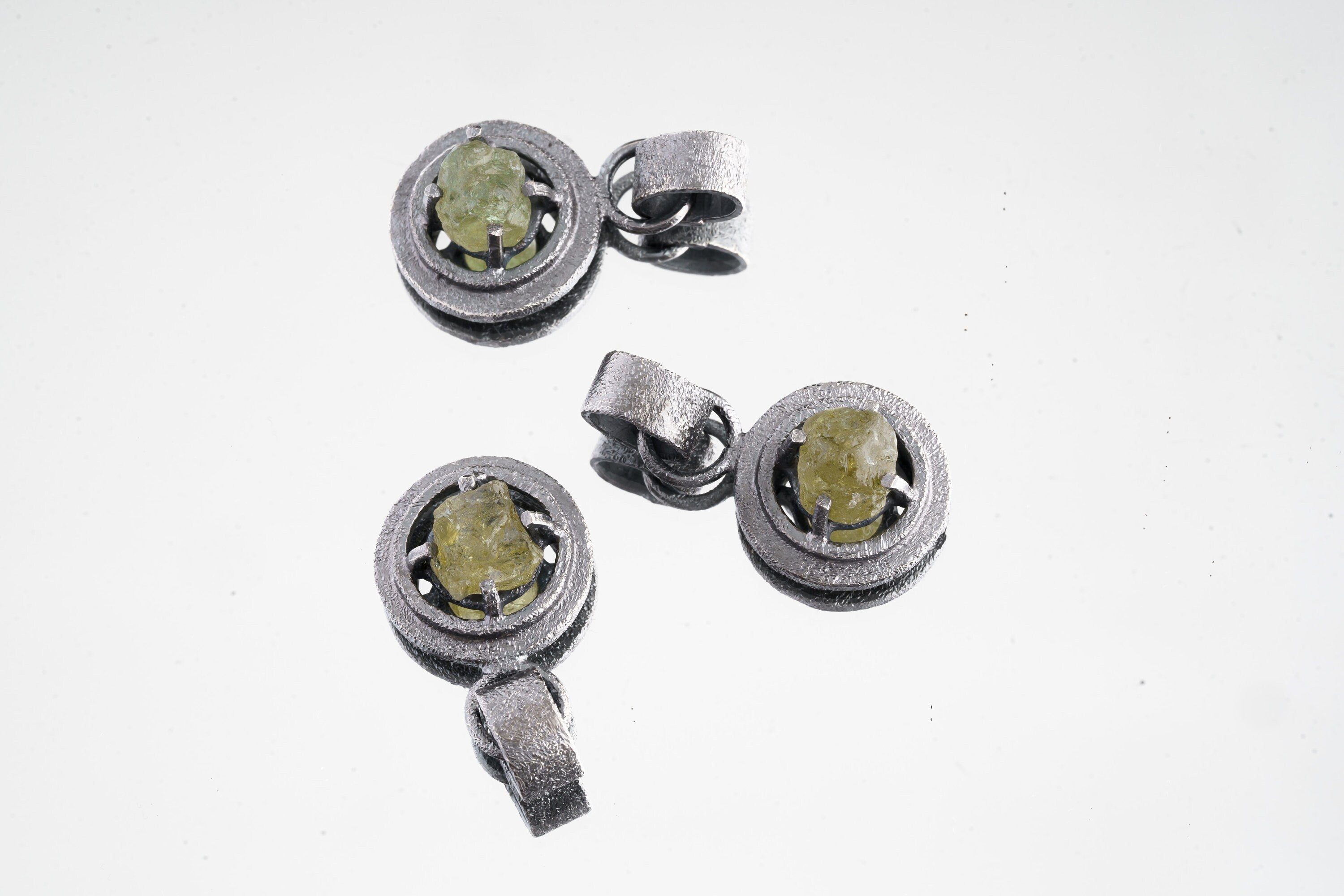 Raw AAA Grade Peridot - Oxidised Sterling Silver - Strong Framed Claw Wire Setting - Sand Textured - Pendant Crystal Necklace