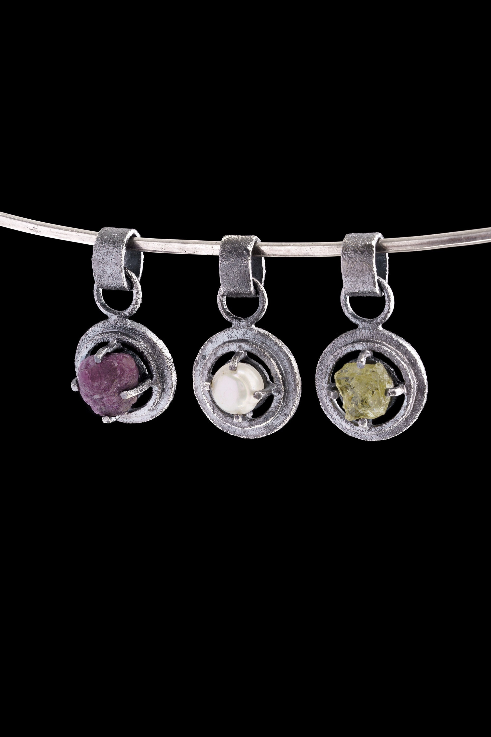 Raw AAA Grade Peridot - Oxidised Sterling Silver - Strong Framed Claw Wire Setting - Sand Textured - Pendant Crystal Necklace